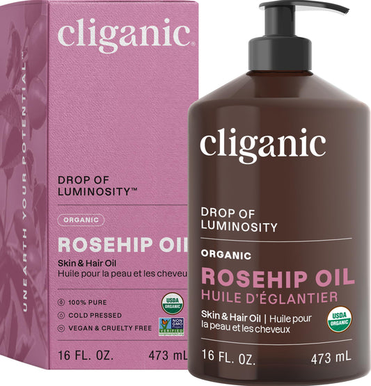 Cliganic Organic Rosehip Seed Oil for Face (480ml), 100% Pure | Natural Cold Pressed Unrefined Non-GMO | Carrier Oil for Skin, Hair & Nails