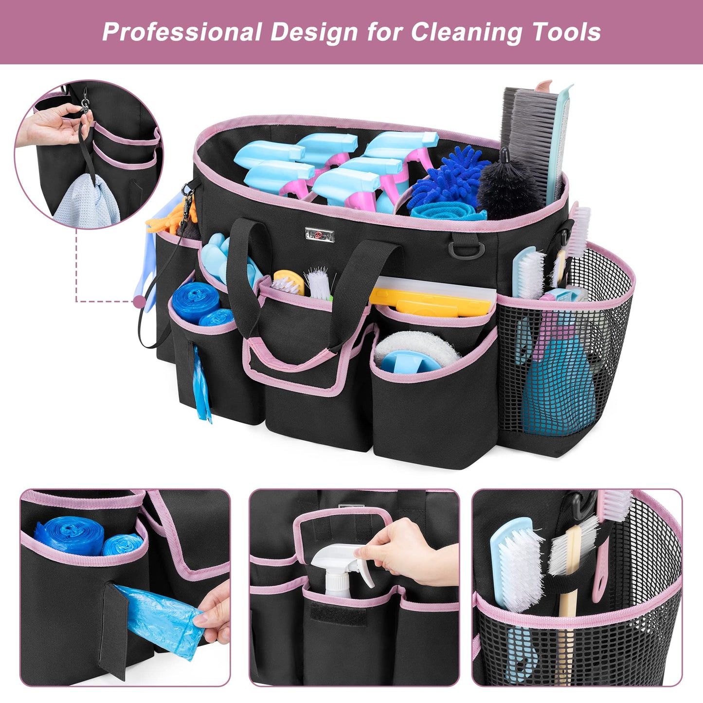 LoDird Cleaning Caddy Bag with 3 Compartments and Multifunctional Pockets, Cleaning Supplies Organizer for Cleaning Work with Handle and Shoulder Strap, Grey