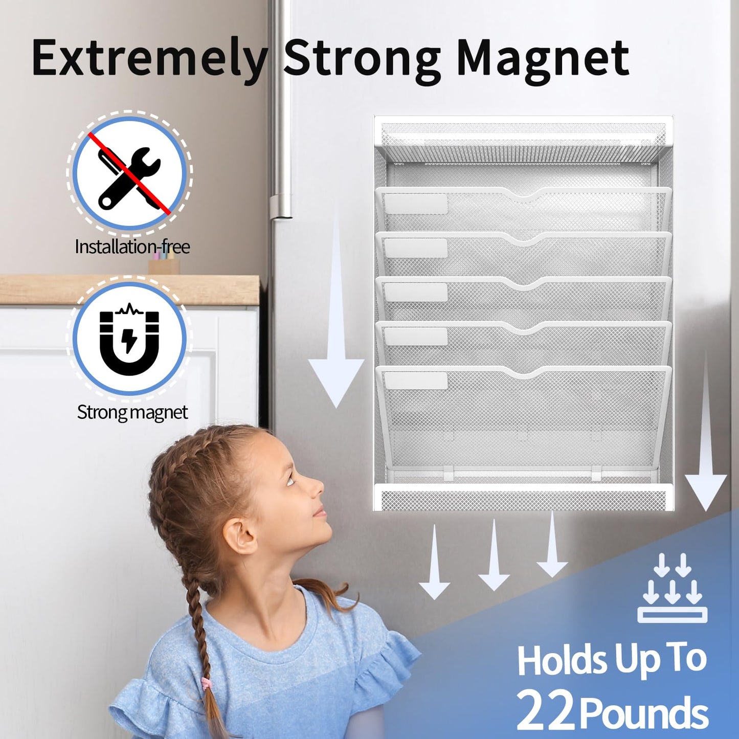 LQPAFZ 7 Tier Magnetic File Holder, No Drilling Wall File Organizer for File Cabinets Whiteboard Refrigerator,Office,Classroom, Hanging Paper Folder Holder, White