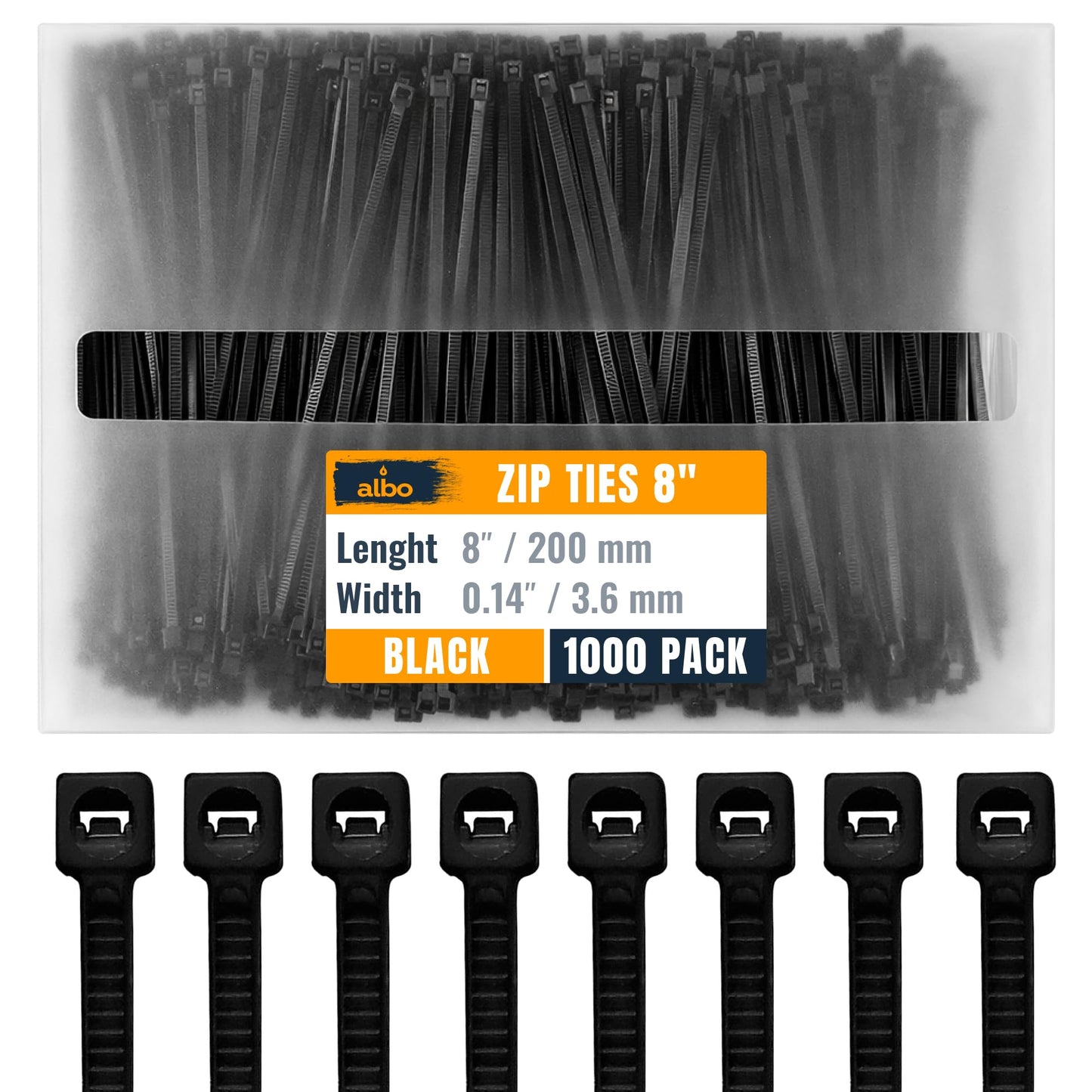 ALBO Zip Ties Black 8 Inch 1000 Pack Plastic Cable Ties Thick 0.14 Inch Tie Wraps Heavy Duty 40 lb UV Resistant Nylon Wire Ties for Indoor and Outdoor