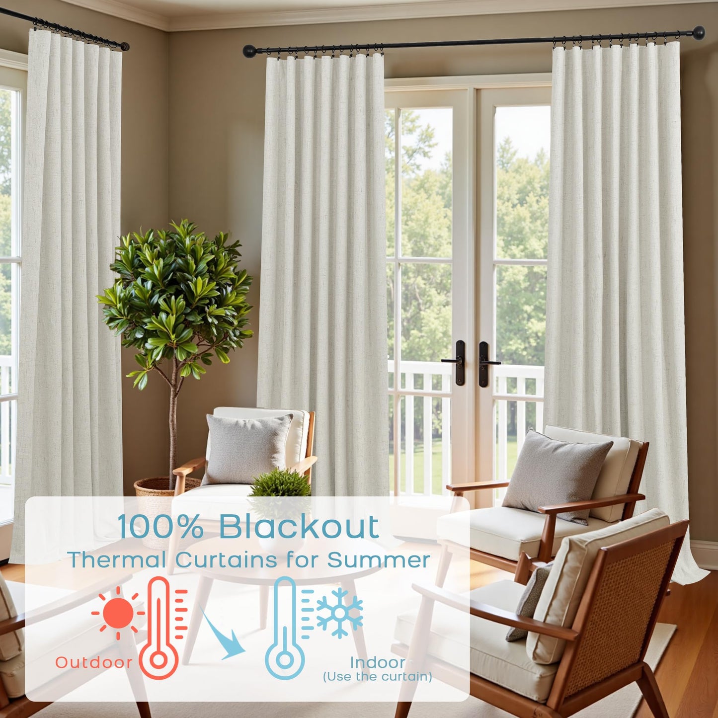 Blackout Curtains 2 Panels 84 Inch Long for Bedroom, Black Out Thermal Curtains, Rideau Salon Opaque, Cream Linen Farmhouse Sound Proof Curtains for Living Room