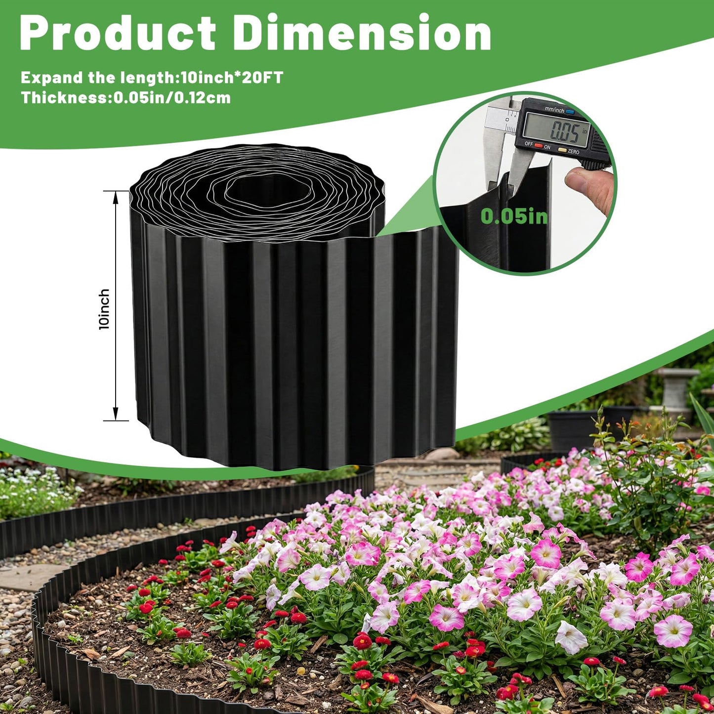20FT Garden Corrugated Metal Landscape Edging-10'' H Bendable Sturdy Landscape Lawn Edging -Garden Metal Edging Border for Raised Flower Bed Tree Surrounds-Black. (10inch*20FT)