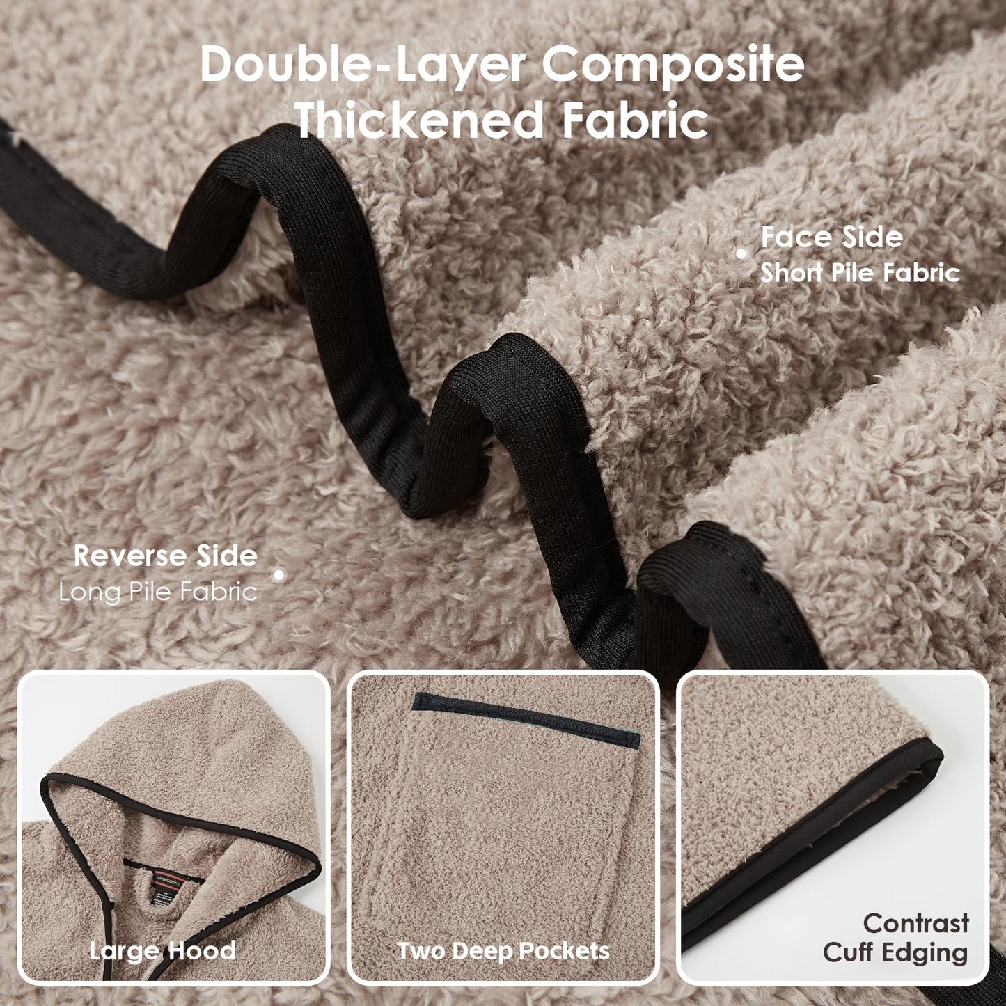FashGudim 400g Mens Plush Robe with Hood Full Length Winter Long Luxury Hooded Bathrobe for Men Big and Tall, Taupe, 6X-Large-7X-Large Big Tall