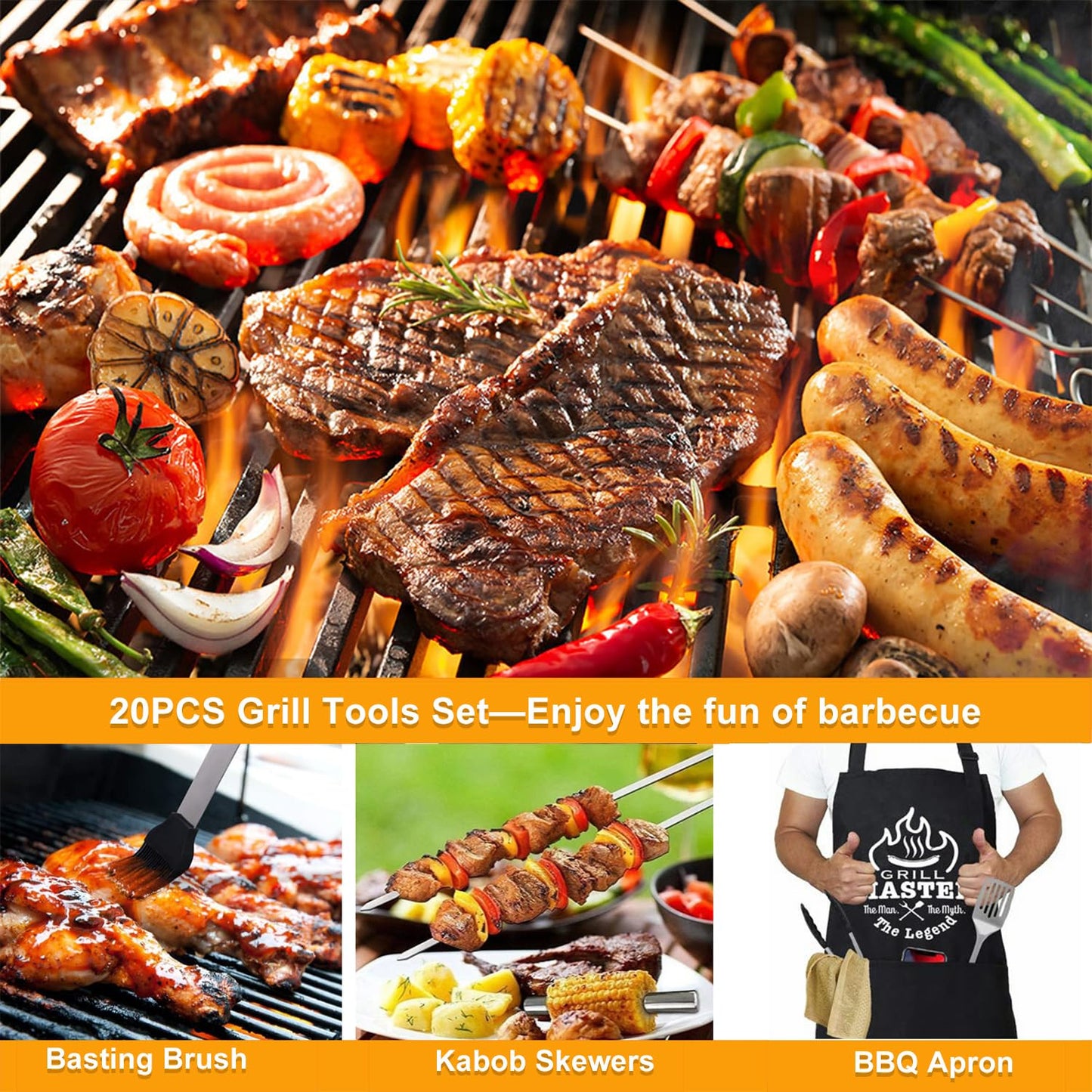 MUJUZE BBQ Accessories,20pcs BBQ Tools Set,Grilling Gifts for Men Dad Fathers Day,Stainless Steel BBQ Tools for Men with Apron,BBQ Utensil Set,Grill Tools Set for Outdoor,Camping,Backyard