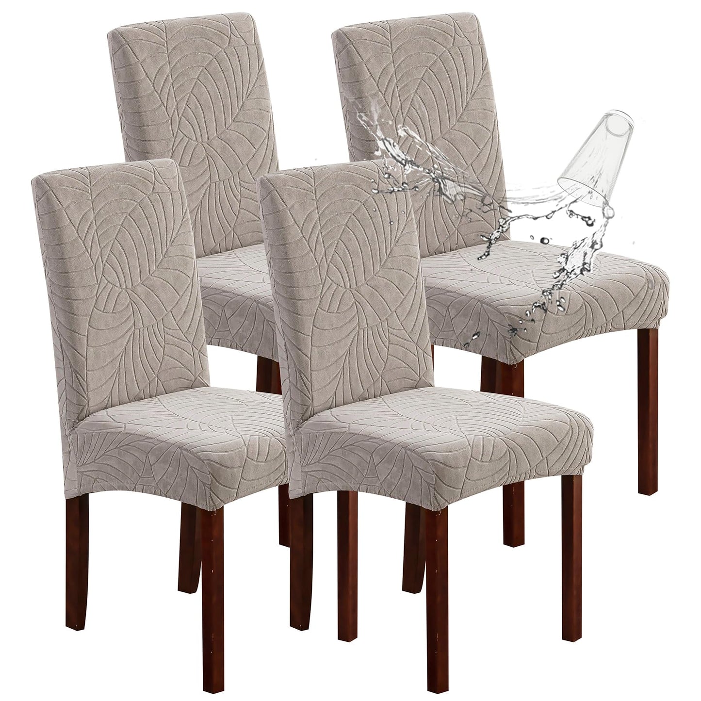Genina Chair Covers Set of 4, Waterproof Dining Room Chair Covers Stretch Chair Slipcovers Protector for Dining Room Chair (Warm Grey Leaves, 4PCS)