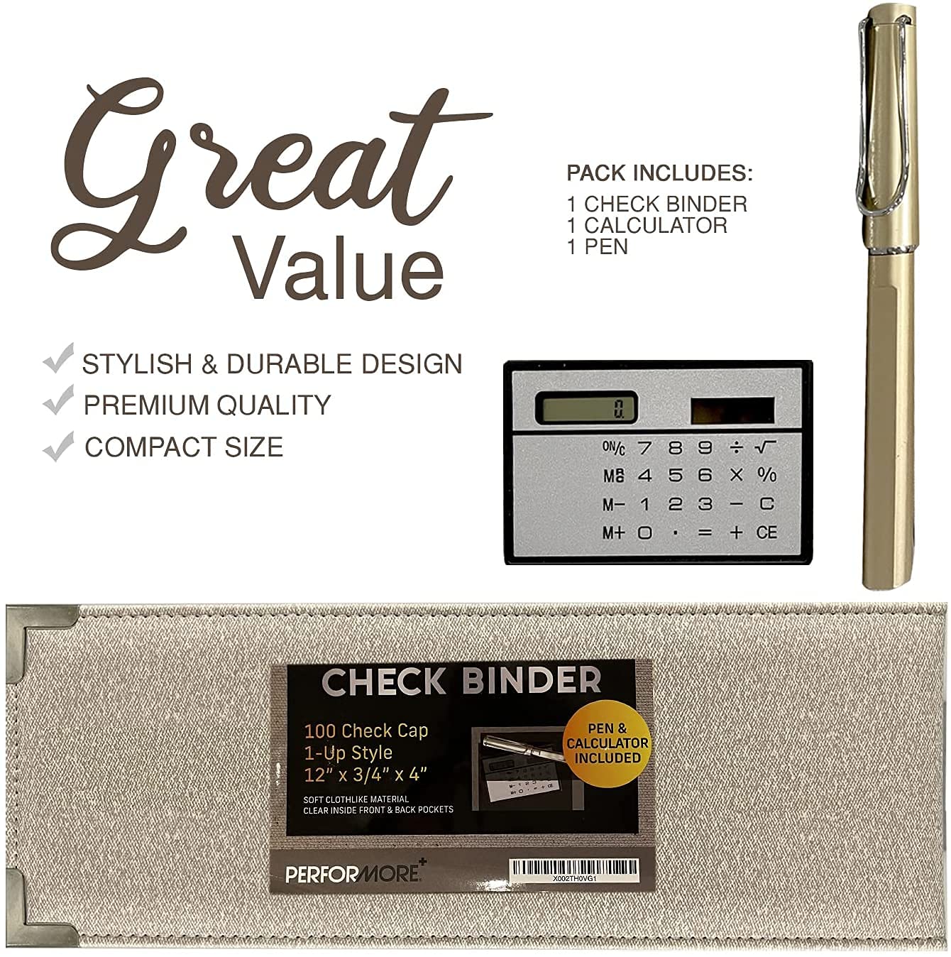Performore12 X4 1UP Premium Business Cheque Book Binder, Includes Pen and Calculator, Light Tan Fabric 3/4" Round Ring 60 Check Capacity, 1 Inner Fabric Pocket and Clear Pocket on Both Covers 2 Pack