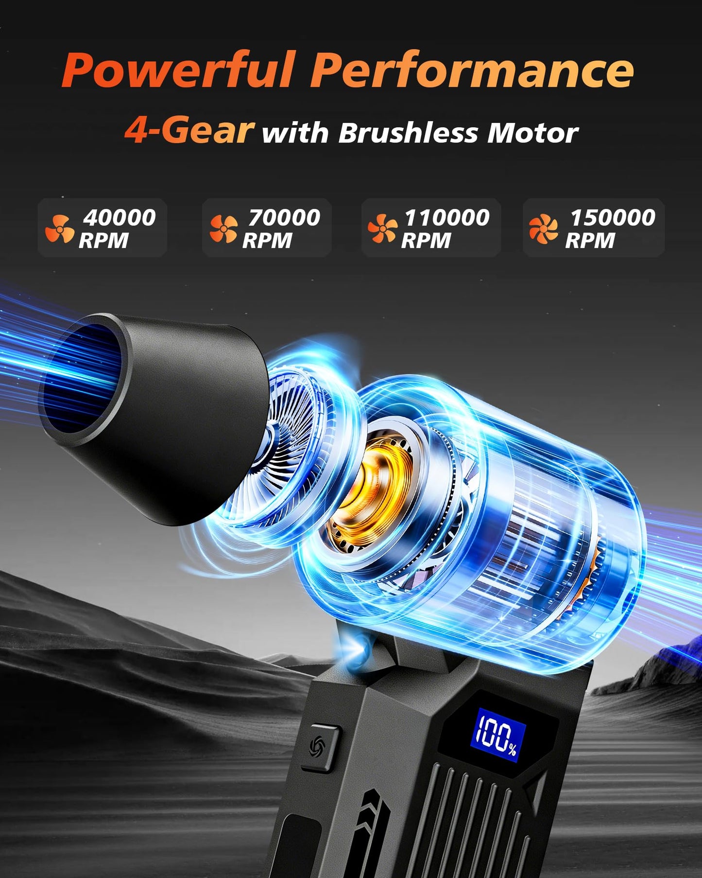 HBHKHPD Compressed Air Duster, 150000RPM Super Power Electric Air Duster with Brushless Motor and LED Light, 4-Gear Rechargeable Air Blower, Cordless Air Duster for Computer, Car, Home, Outdoor