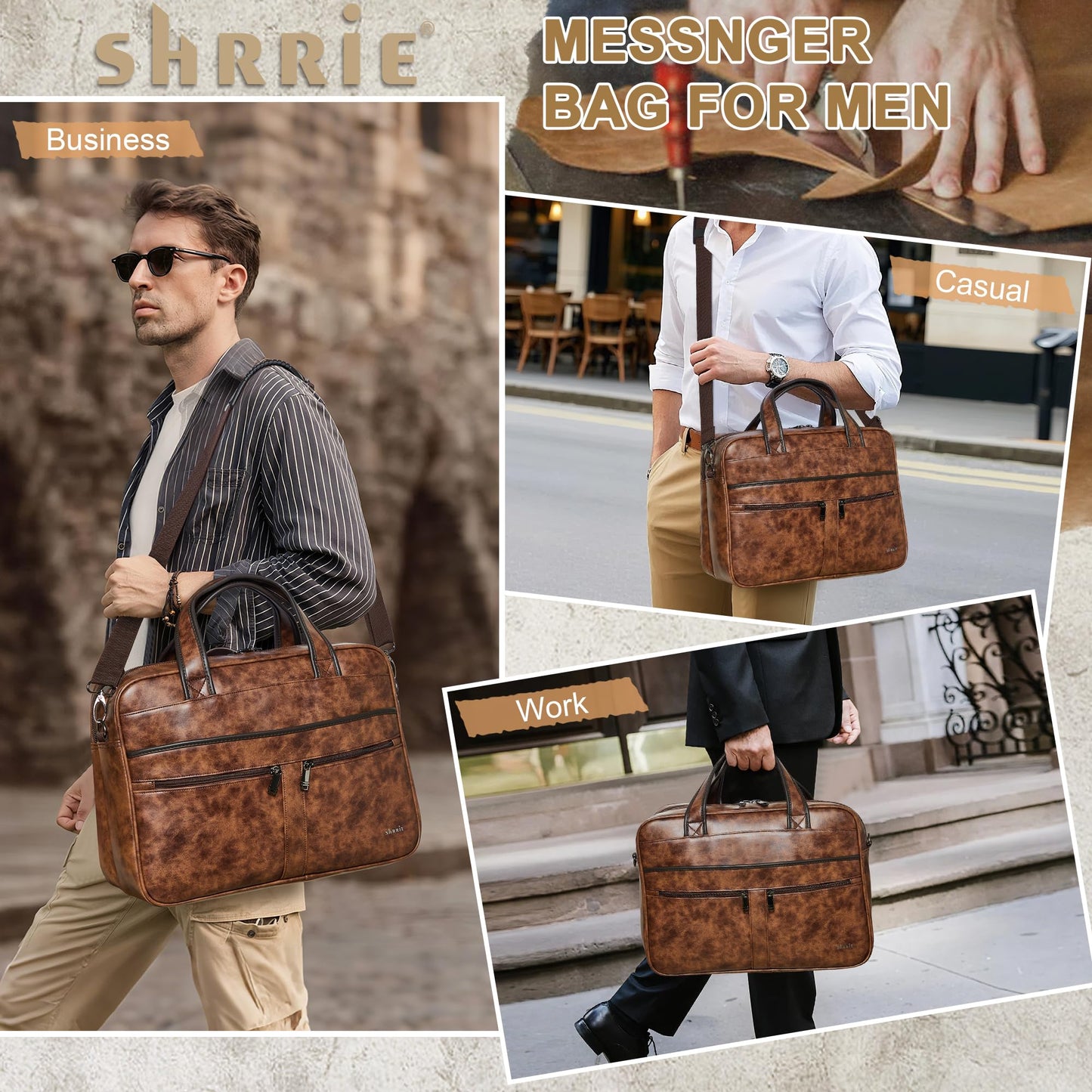 Shrrie Leather Messenger Bag for Men&Women 16 inch Laptop Bag,Water-Resistant Retro Leather Briefcase for Men Business,Work