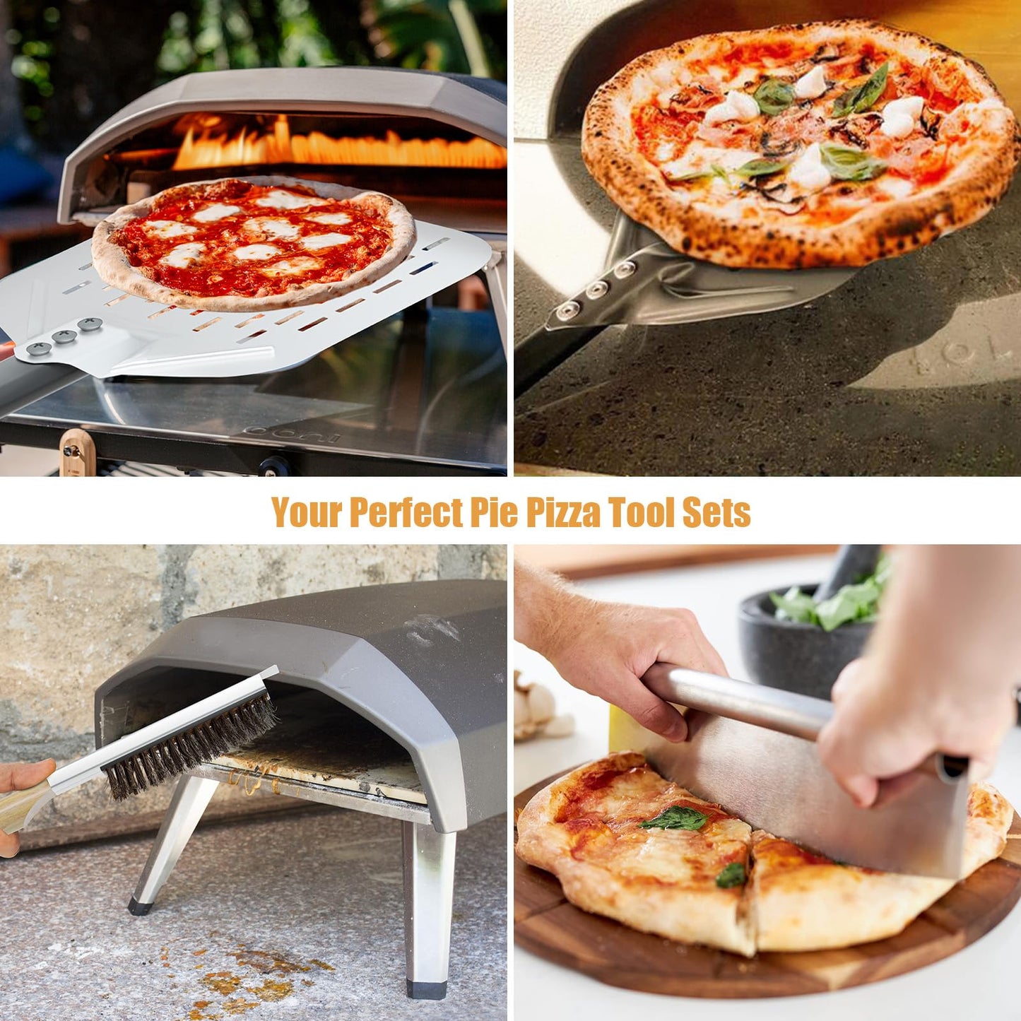 4-Piece Pizza Oven Accessories Kit, Includes 12 Inch Perforated Pizza Peel, 9 Inch Round Pizza Turning Peel, Oven Brush with Scraper and Rocker Cutter, Pizza Spatula Paddle Set for Home Pizza Making