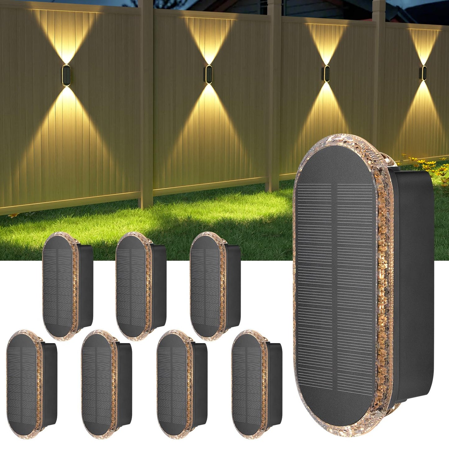 Ellasay 8-Pack Fence Lights Solar Powered: Up and Down Focus LED Solar Wall Lights Outdoor - IP65 Waterproof Solar Lights for Outside Patio/Backyard/Porch/Railing - 3 Color Modes