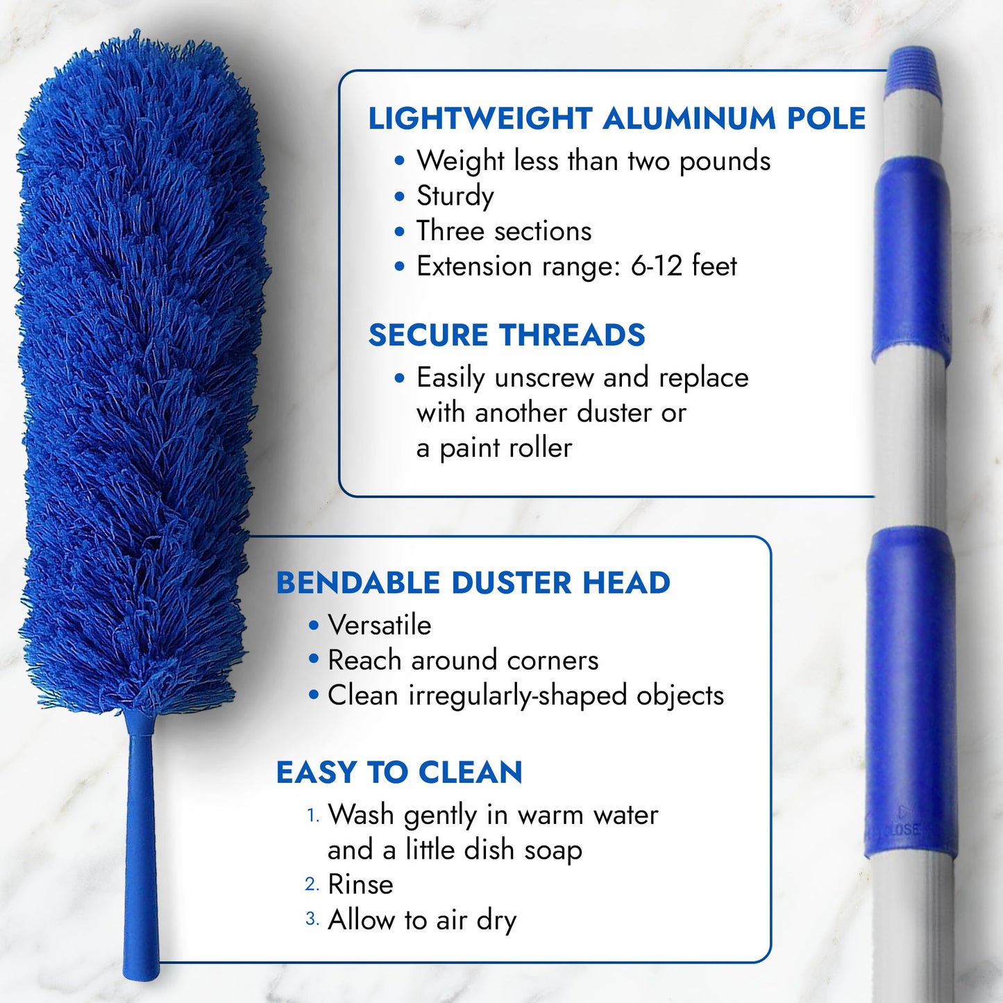 High Ceiling Duster Kit | Webster Cobweb Duster with Extension Pole | Ceiling Fan Duster 13 to 20 Foot Reach Telescope Pole | Lightweight Extendable Feather Like Dusters