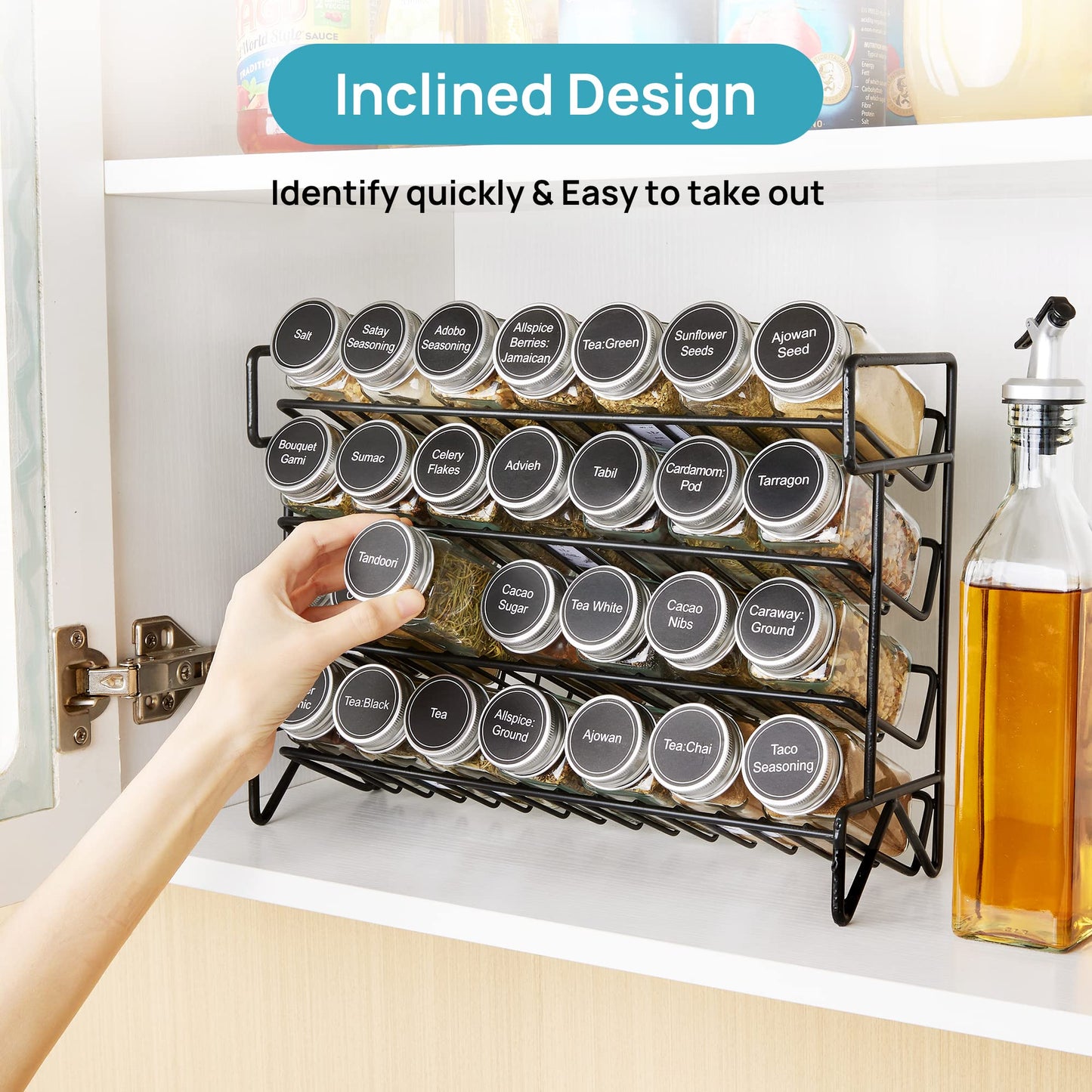 Vtopmart Spice Rack Organizer for Cabinet, 4 Tier Spice Organizer with 28 Empty Spice Jars and 432 Blank Labels, Seasoning Organization for Countertop, Cabinet, Kitchen, Pantry, Cupboard