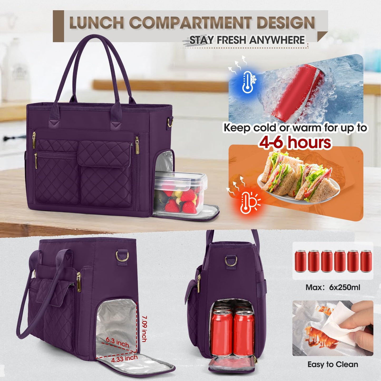 RAINSMORE Teacher Tote Bag with Insulated Lunch Compartment 15.6 inch Laptop Bag for Women Large Work Bags Nurse Bags Professional Briefcase Computer Handbag for Office, College, Nursing, Dark Purple