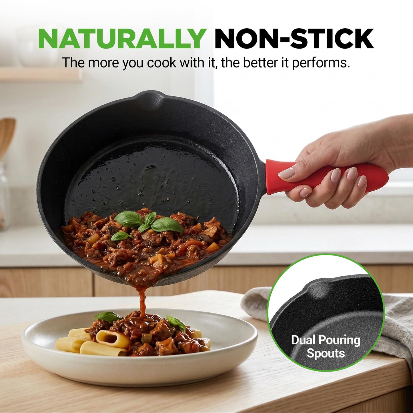 NutriChef 3pc Cast Iron Skillet Set - Nonstick Pans with Drip Spout, Silicone Handles, for All Cooktops