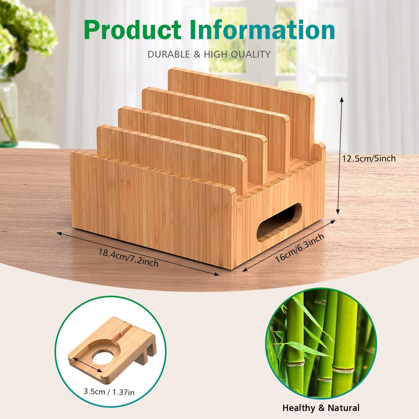 Bamboo Charging Station for Multiple Devices with 5 Port USB Charger, 5 Charger Cables,Watch and Earbud Stand; Pezin & Hulin Desk Wood Docking Stations Electronic Organizer