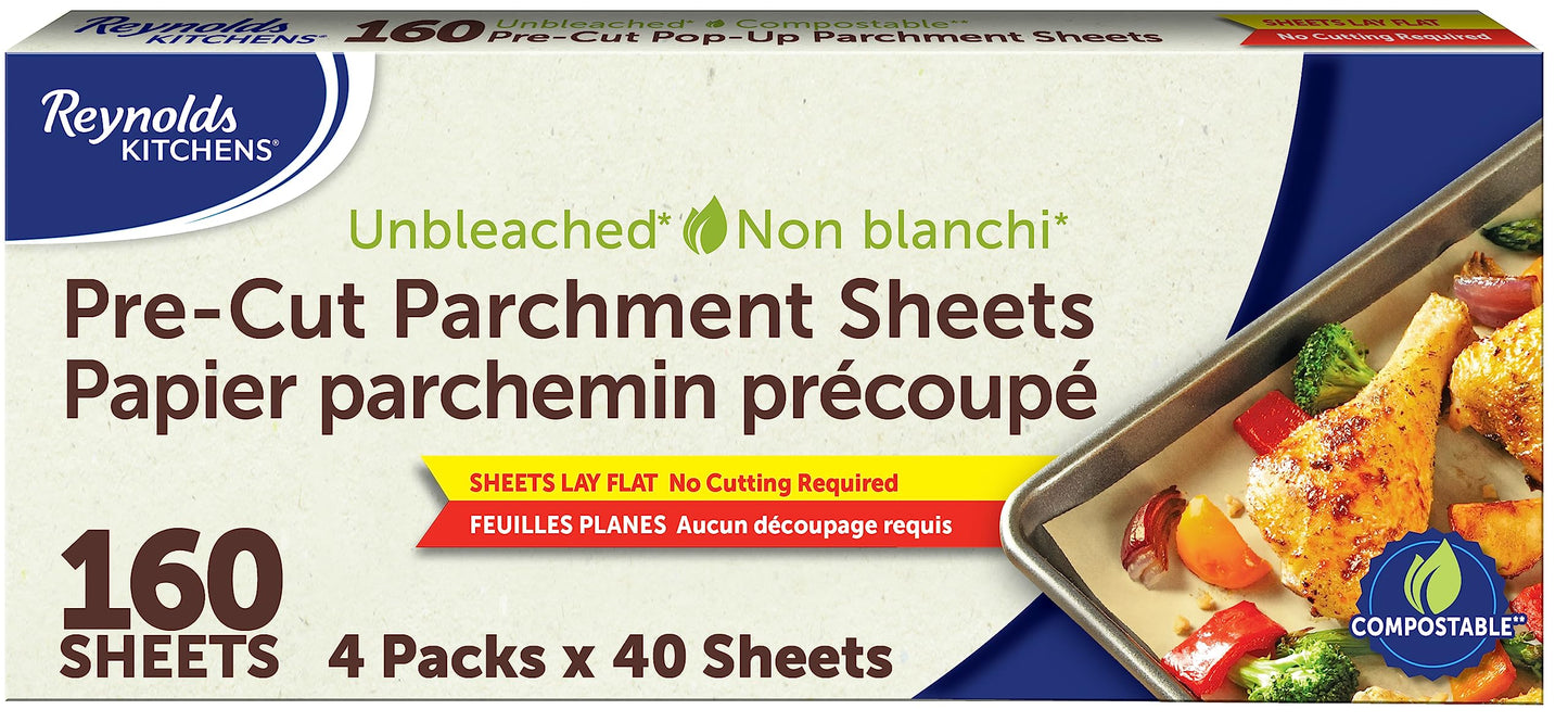 Reynolds Kitchens Pre Cut Parchment Paper Sheets/40ct 4-Pack 160 Liners Total/Unbleached Compostable Baking Paper/Compatible as Air Fryer Liners