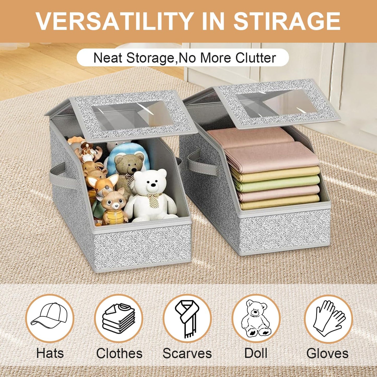 2PCS Hat Storage Box for Baseball Caps - Stackable Foldable, Hat Organizer for Closet, Baseball Cap Storage Box, Hats Storage Bins with Handle for Shelf or Wardrobe, Grey