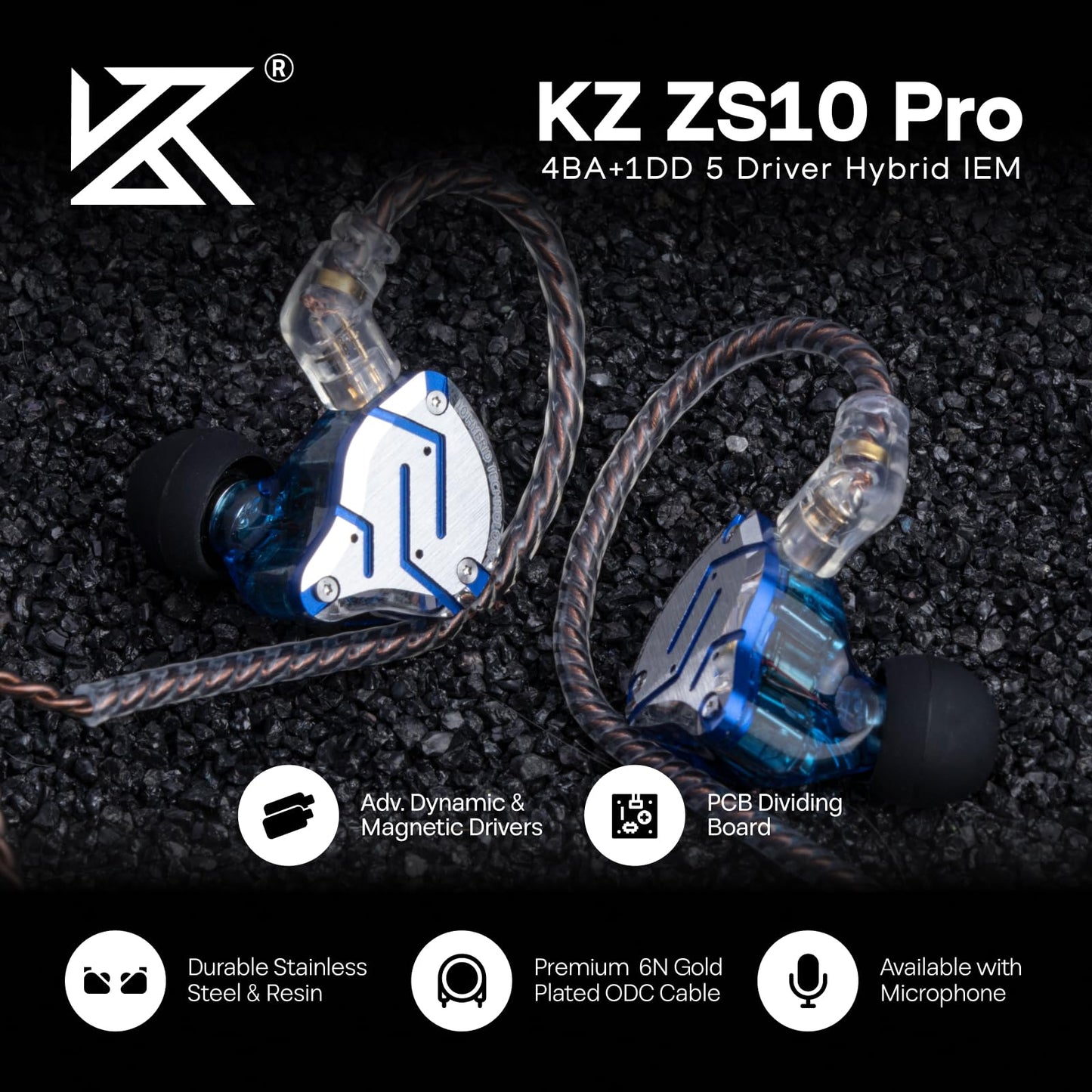 Linsoul KZ ZS10 Pro, 4BA+1DD 5 Driver in Ear Monitor, HiFi Wired Earbuds, Gaming Earbuds, Hybrid IEM Earphones with Stainless Steel Faceplate, Recessed 2 Pin Detachable Cable (Without Mic, Glare Blue)