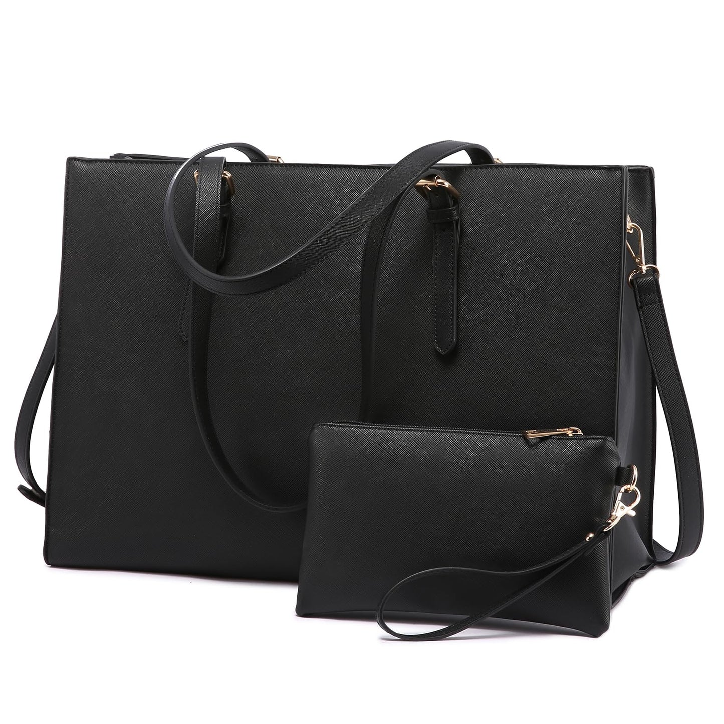 LOVEVOOK Laptop Bag for Women, Fashion Computer Tote Bag Large Capacity Handbag, Leather Shoulder Bag Purse Set, Professional Business Work Briefcase for Office Lady 2PCs, Fit 15.6 Inch Laptop, Black