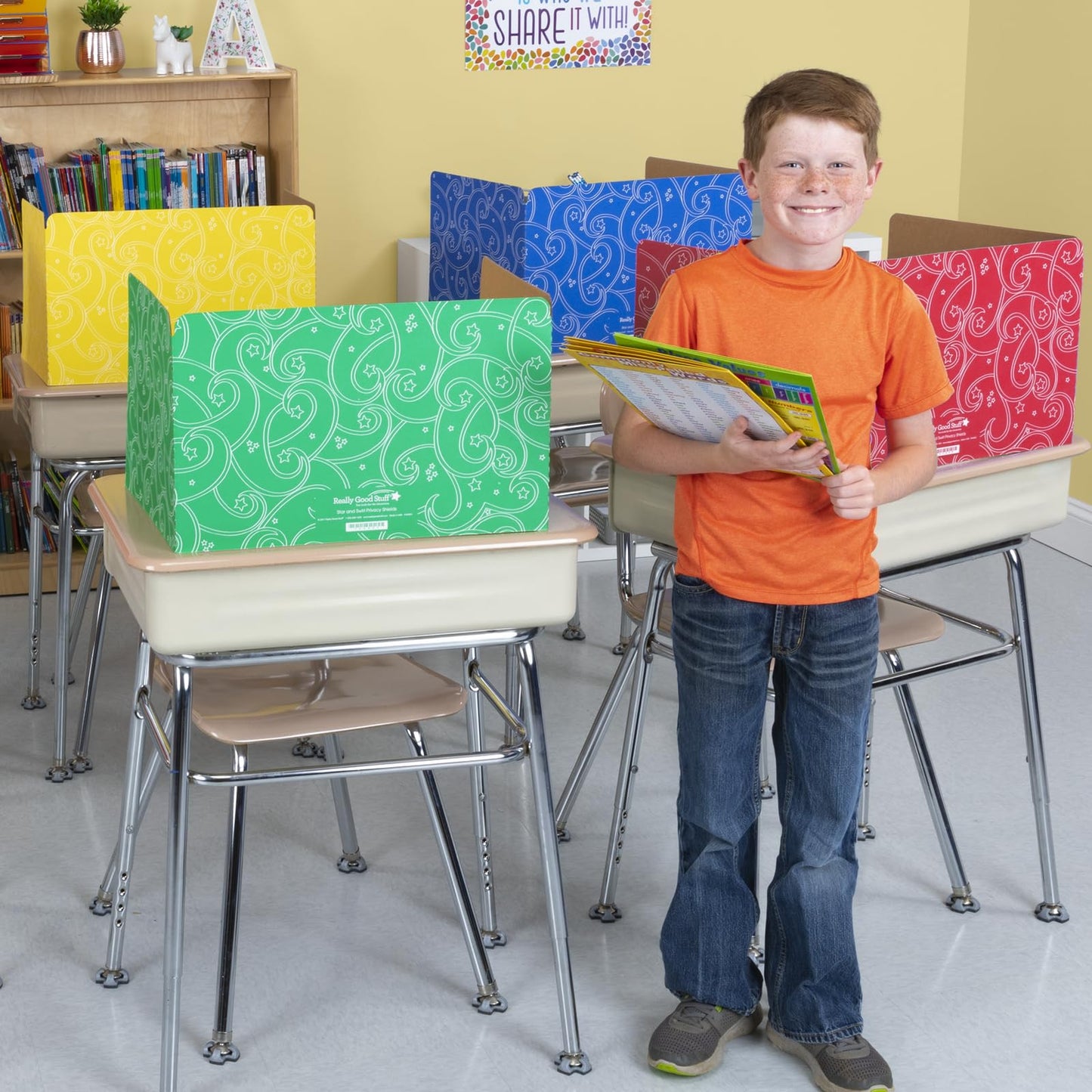 Really Good Stuff Privacy Shields - Set of 12 - Classic Red, Blue, Green, Yellow, Orange & Purple - Stars & Swirls Pattern - Classroom Privacy Dividers