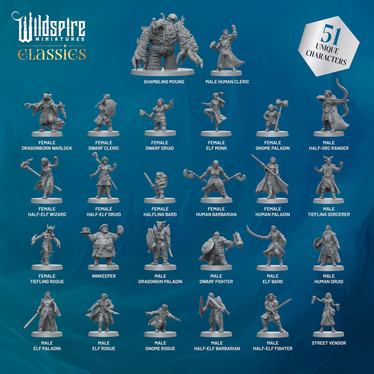 Classic Heroes - Mercenary Guild - 51 Paintable Characters for DND Miniatures Bulk I 28mm Dungeons Dragons D&D Miniatures I DND Minis D&D Figures Dungeons Dragons Figures Pathfinder Compatible