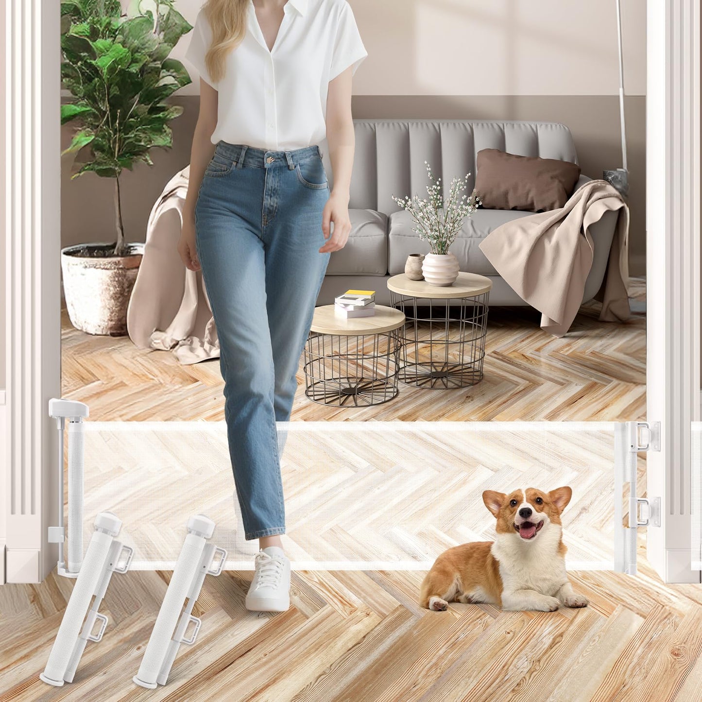Crazydeer 2 Packs Set 14" Tall Short Dog Gate to Step Over, Retractable Mesh Pet Door for Small Puppy, Extended up to 55" Wide for Indoor Stairs Doorways and Hallway(White)