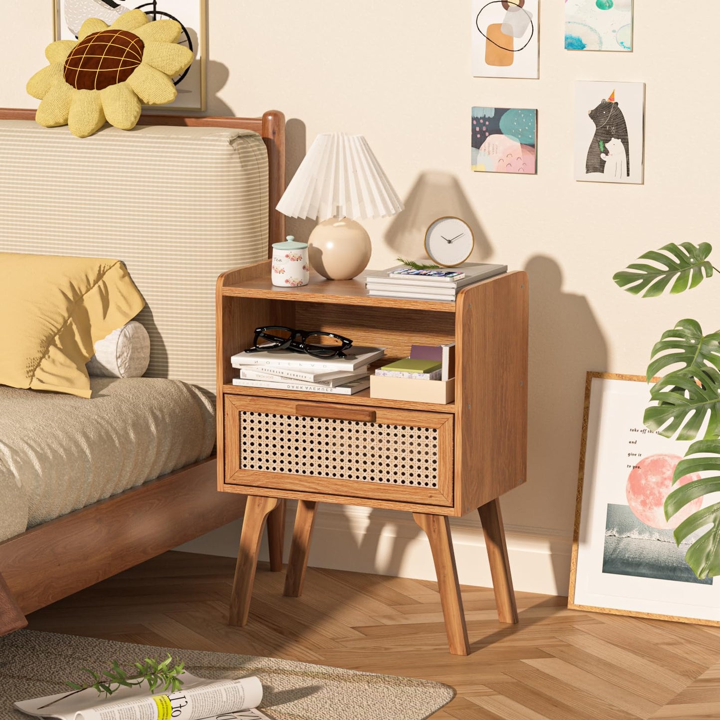 Lerliuo Rattan Nightstand, Boho Side Table with Drawer Open Shelf, Cane Accent Bedside End Table with Solid Wood Legs for Bedroom, Dorm and Small Spaces（Tea Brown）