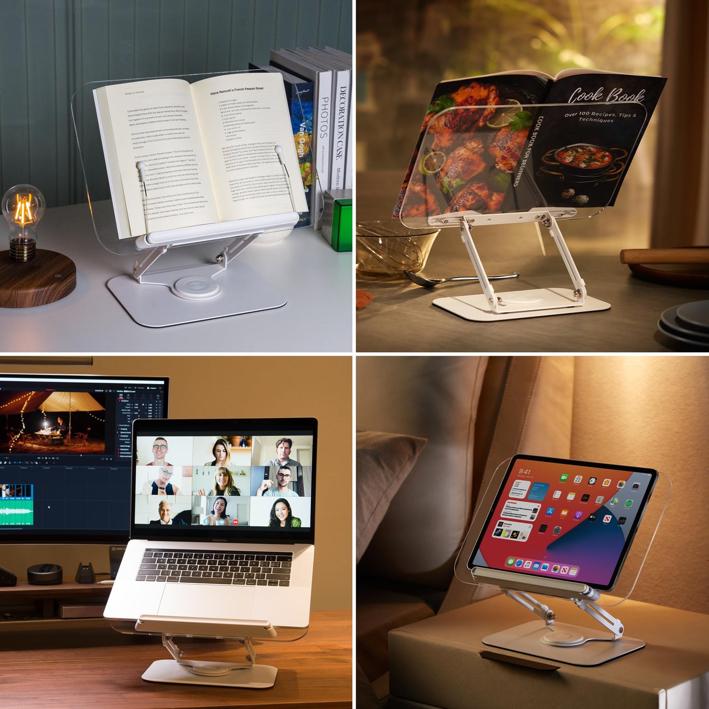 SupeDesk Acrylic Book Stand for Reading, Adjustable Cookbook Stand with 360° Rotating Aluminum Base, Foldable & Portable Tablet Holder, for 3.5-15 inch iPad, Laptop, Tablet, Kindle, Reading
