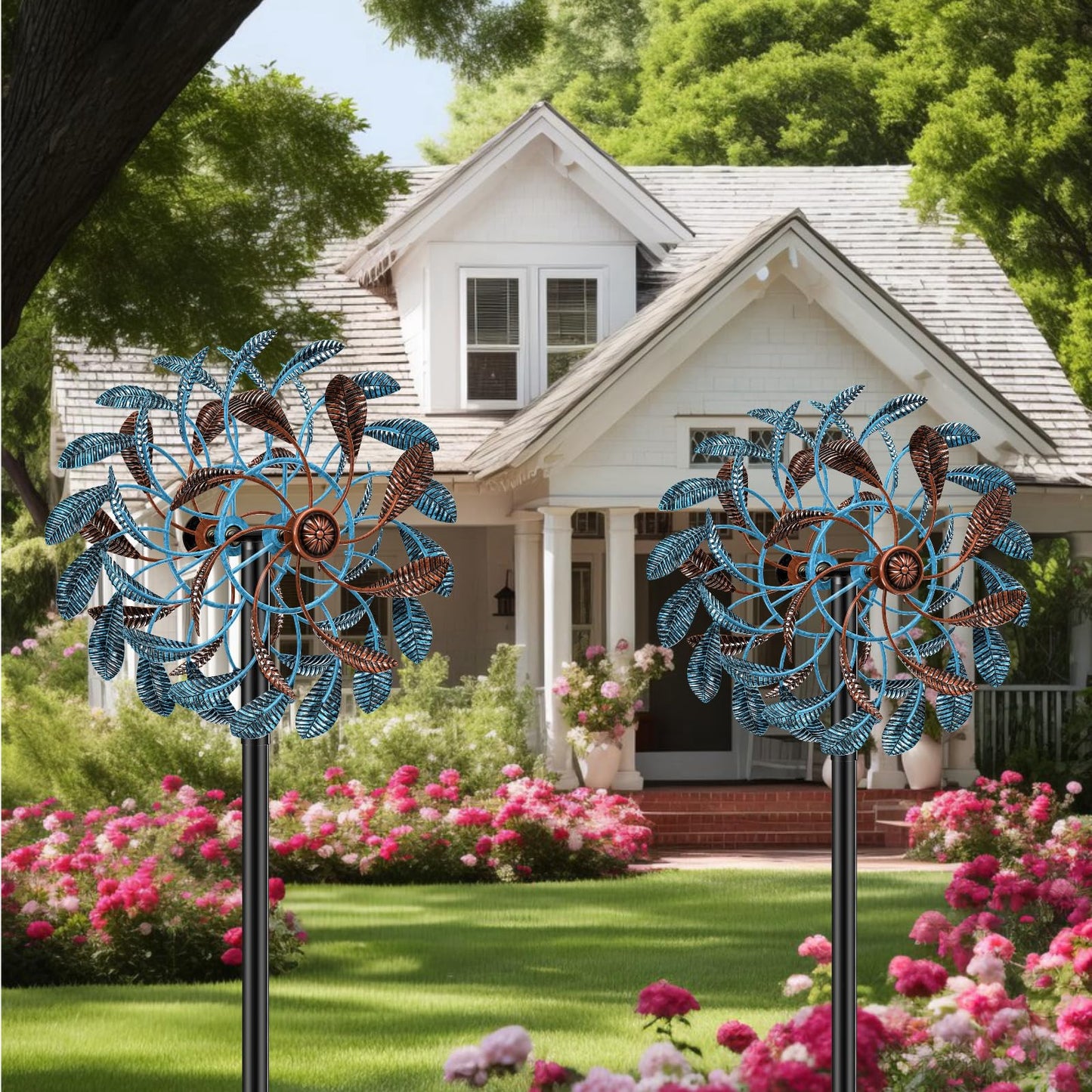 360° Wind Spinners Outdoor, Wind Sculptures Windmill with Metal Stake, Kinetic Large Metal Yard Art Decor Spinners Pinwheels for Garden Outside Patio Lawn, 63.2 * 13.2" (Blue+Brown)