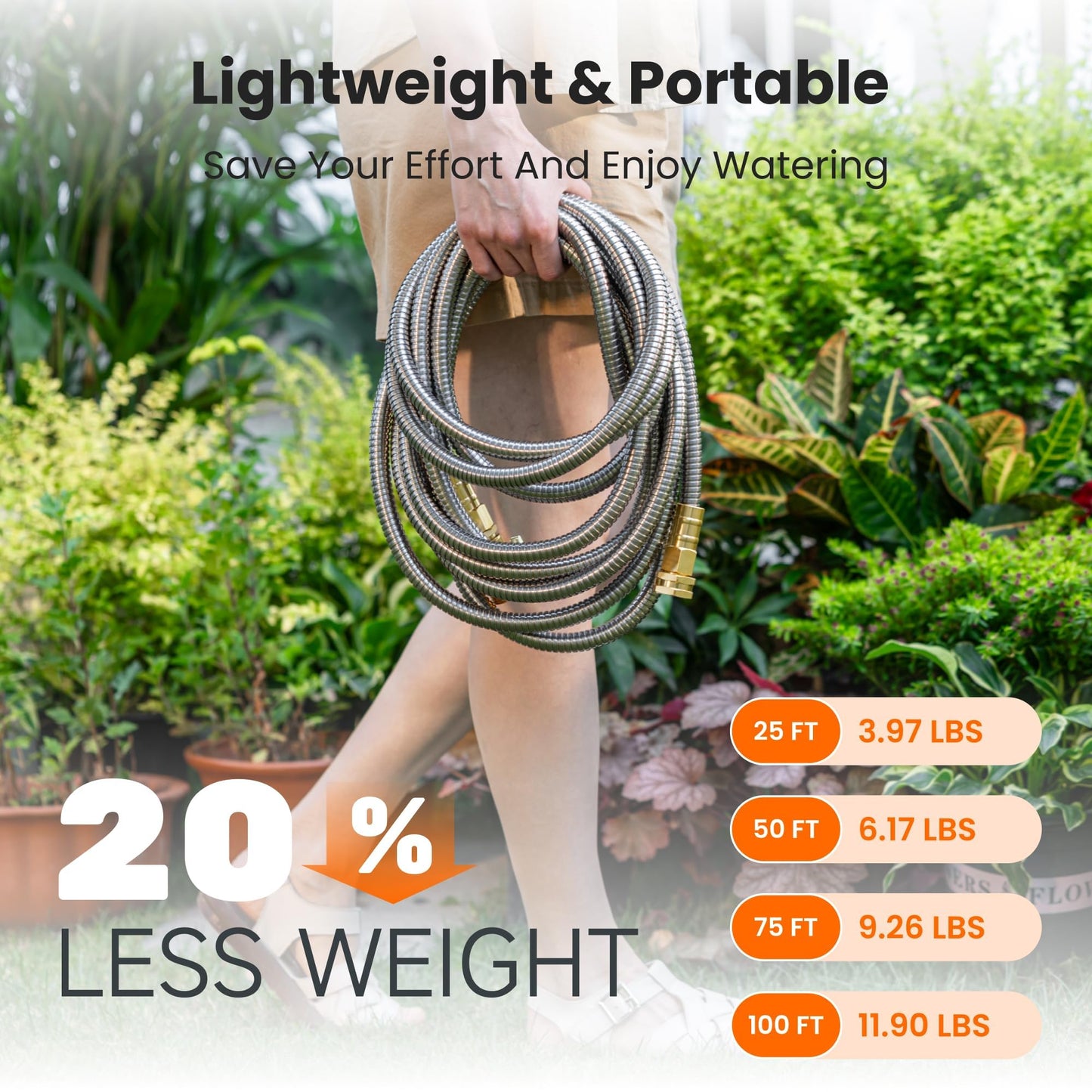 Girafe Tools Garden Hose 100ft x 5/8", 304 Stainless Steel Metal Water Hose, No Kink Garden Water Hose with 9 Pattern Spray Nozzle, Flexible, Lightweight, Kink Free Hose for Yard, Outdoor