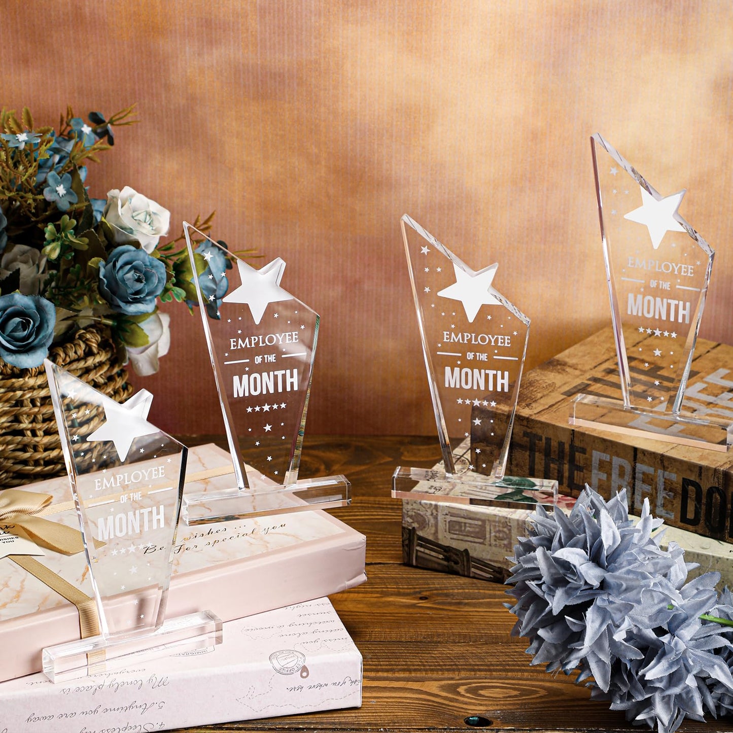 Roowest 6 Pcs Employee of The Month Plaque Trophy Employee Month Appreciation Award Gifts Bulk Coworker Acrylic Trophy Reward Sign Keepsake for Teacher Nurse Colleague Staff Volunteer Team Office
