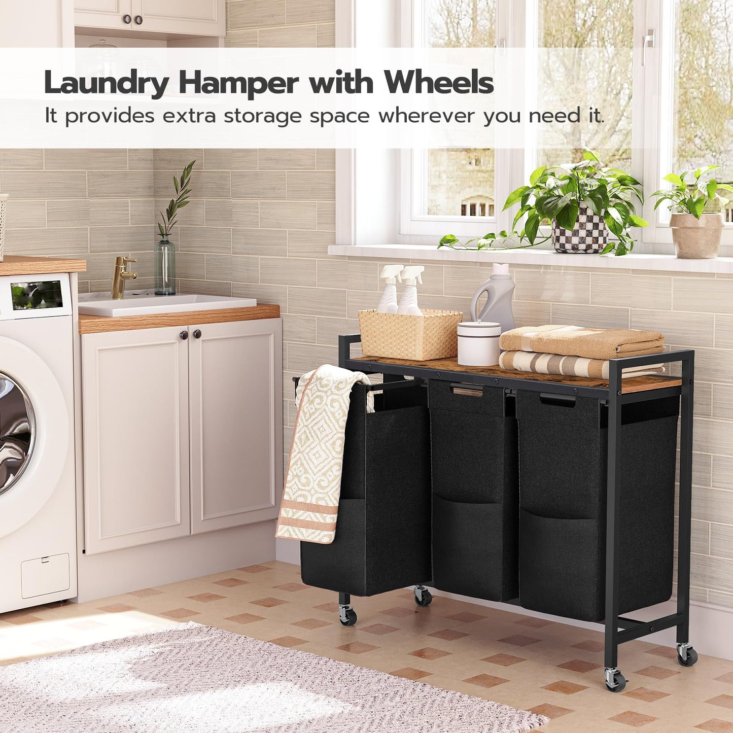 HOOBRO Laundry Sorter 3 Section, Laundry Hamper with Wheels, 3 × 11.5 Gal (43.5L), Rolling Laundry Basket, 3 Pull-Out and Removable Oxford Fabric Laundry Bags, Rustic Brown and Black BF76XY01
