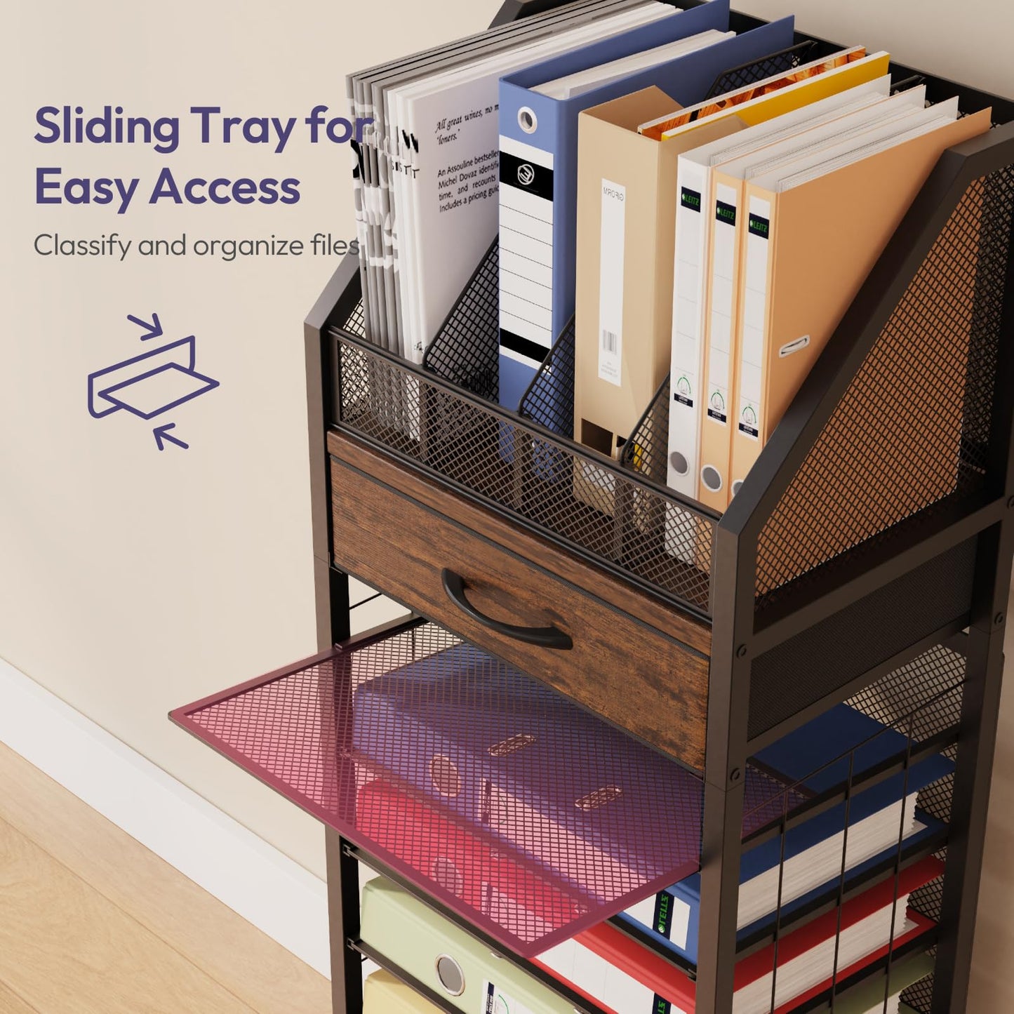 SWTYMIKI Rolling Cart Storage Organizer - 9-Tier Utility Cart with Drawer and Trays, Wood Office Desk Organizer, Office Organization and Binder Storage for Workspace, Home, School, Espresso