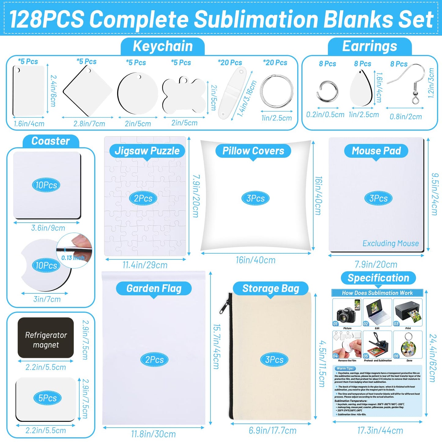 Modacraft 128-Piece Sublimation Blanks Kit - Premium DIY Bundle for Home Decor | Craft Supplies for Cricut, Birthday Gifts, Halloween, Thanksgiving, Christmas Customization (White)