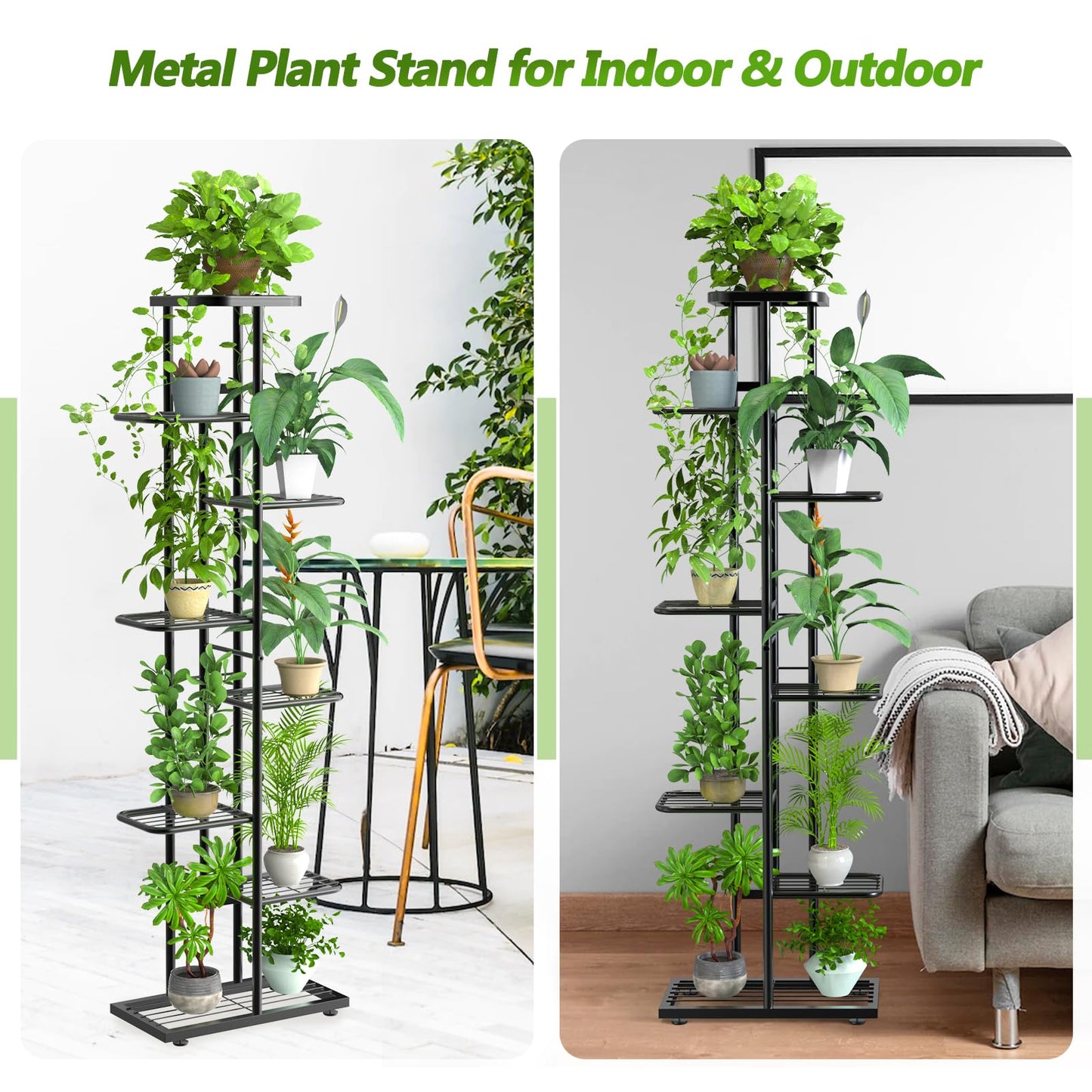8 Tier 9 Potted Plant Stand Indoor, Black Tall Metal Corner Plant Shelf Organizer Outdoor Multiple Flower Pot Holder Display Rack for Patio Garden Balcony Living Room
