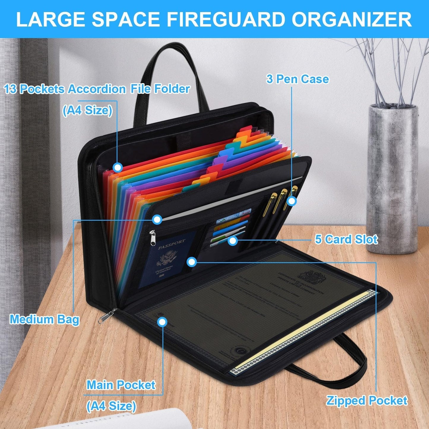 Portable Fireproof Important Document Organizer Binder with Lock for A4 Size, 13-Pocket Expanding File Folder with Zipper & Labels for Personal Document Storage, Business, and Estate Planning
