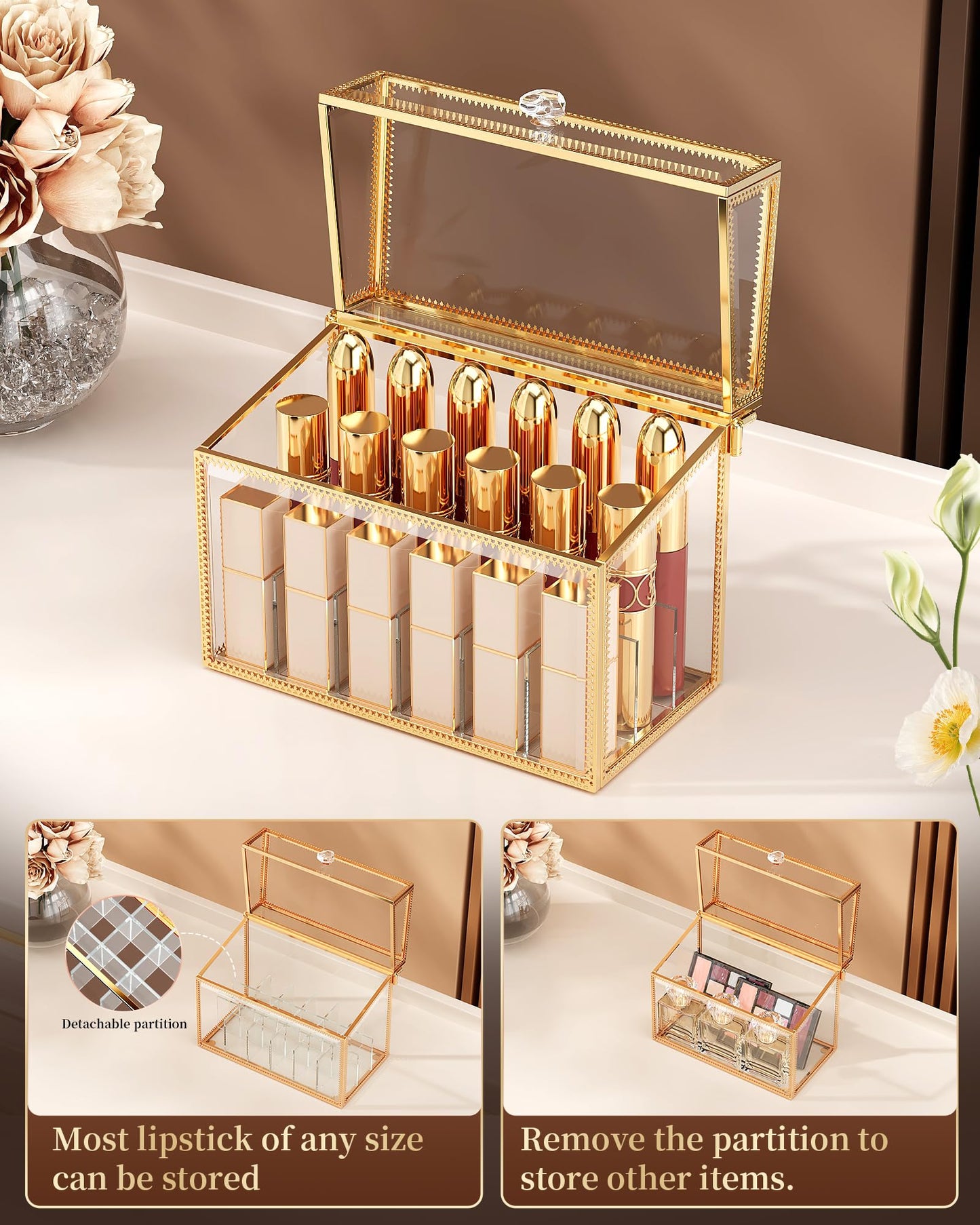 CoralHouse Lipstick Organizer - Luxury Tempered Glass Lipstick Holder & Nail Polish Organizer, 18-Slot Vanity Cosmetic Organizer with Removable Dividers, Gold