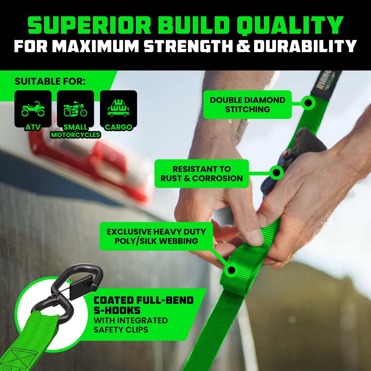 Rhino USA Retractable Ratchet Straps (2-Pack) - 1 Inch x 10 Feet (1,209lb Break Strength) - Auto Self Retracting Tie Down Straps for Truck, Cargo Trailer, Motorcycle, Rad & More - Green