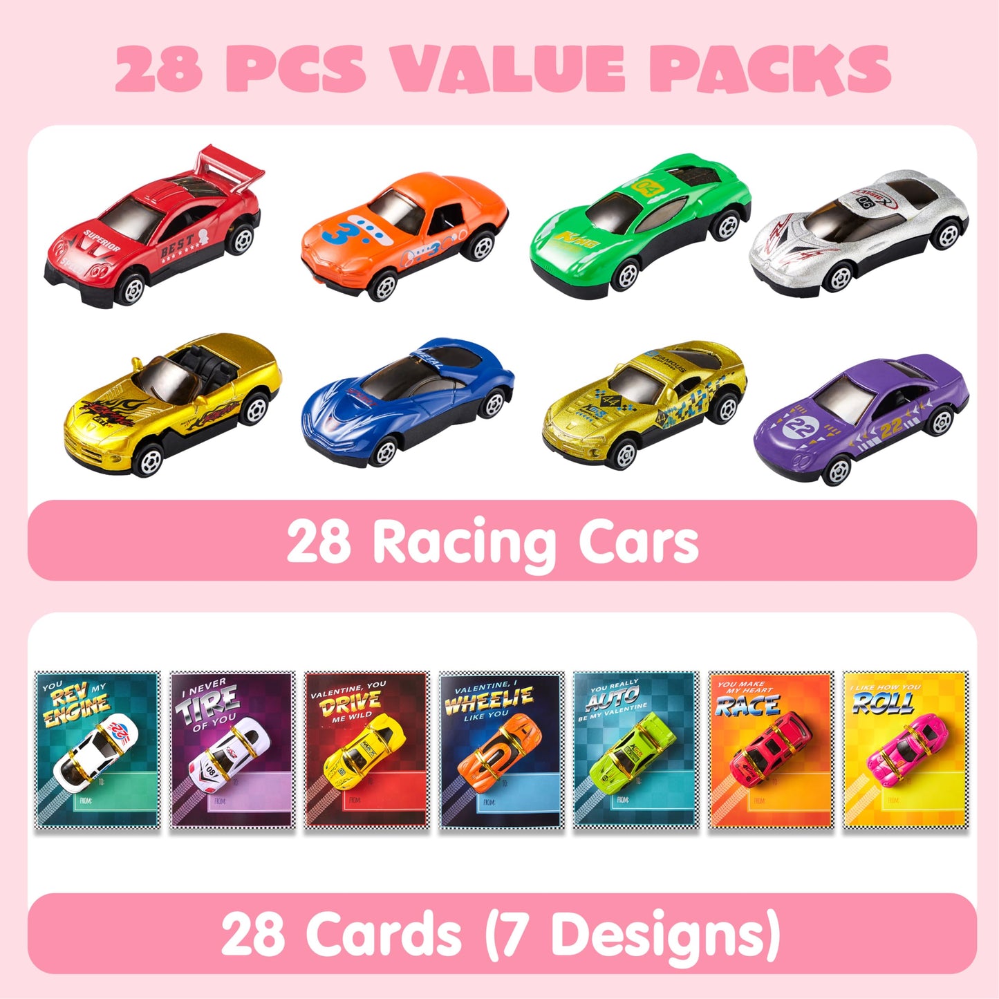 JOYIN 28-Count Valentines Day Cards with Die-Cast Racing Cars for Classroom Exchange