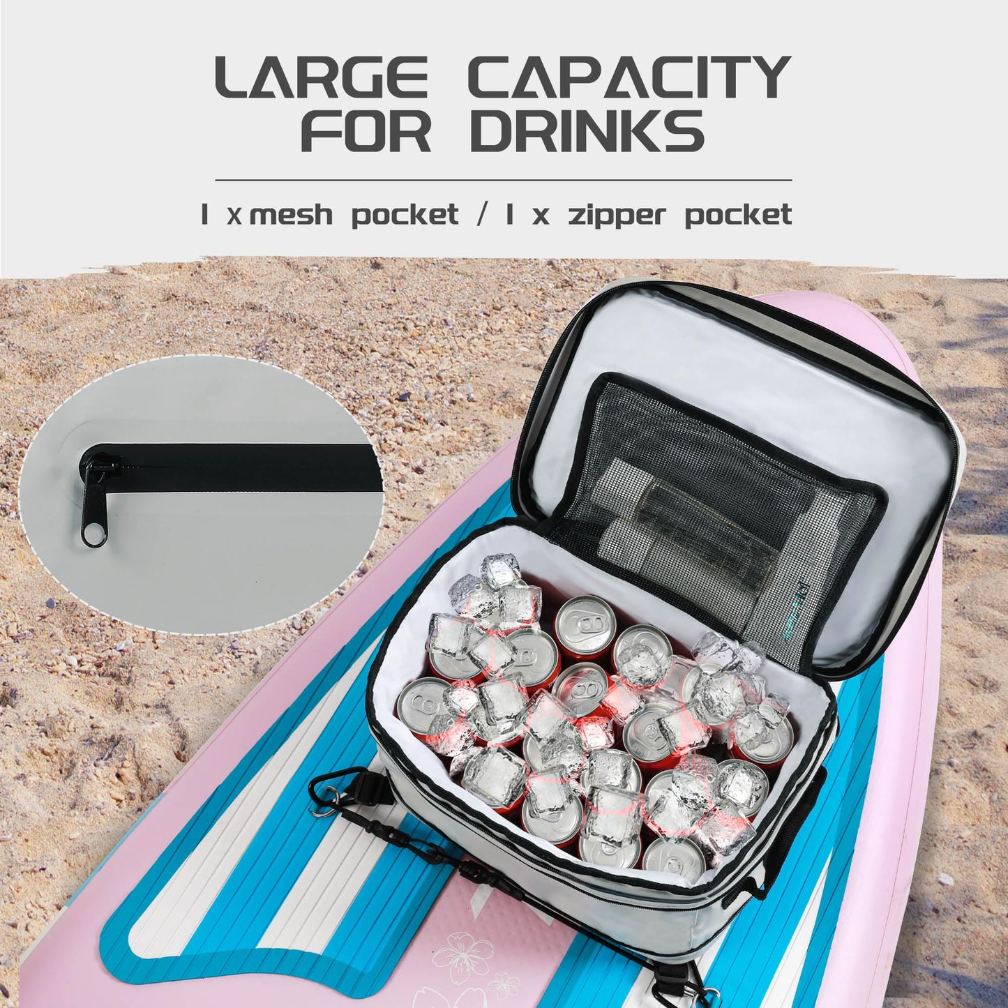 UPWELL Paddleboard Accessories SUP Cooler Deck Bag, PVC Paddle Board Dry Bag, 30 Cans Surf Cooler Bag for Paddle Board, Kayak, Grey Soft Small Camping Cooler for Travel Beach Waterproof