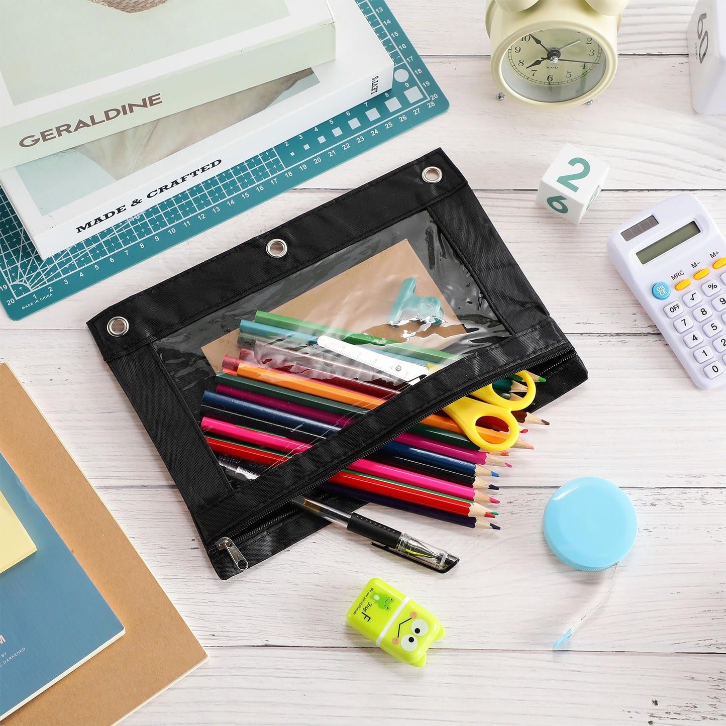 Marspark 30 Packs Pencil Pouch 3 Ring Binder Pen Pouch Cloth Pencil Pouches Zipper Pen Case Bag with Clear Window for School Office Writing Supplies Gifts(Black)