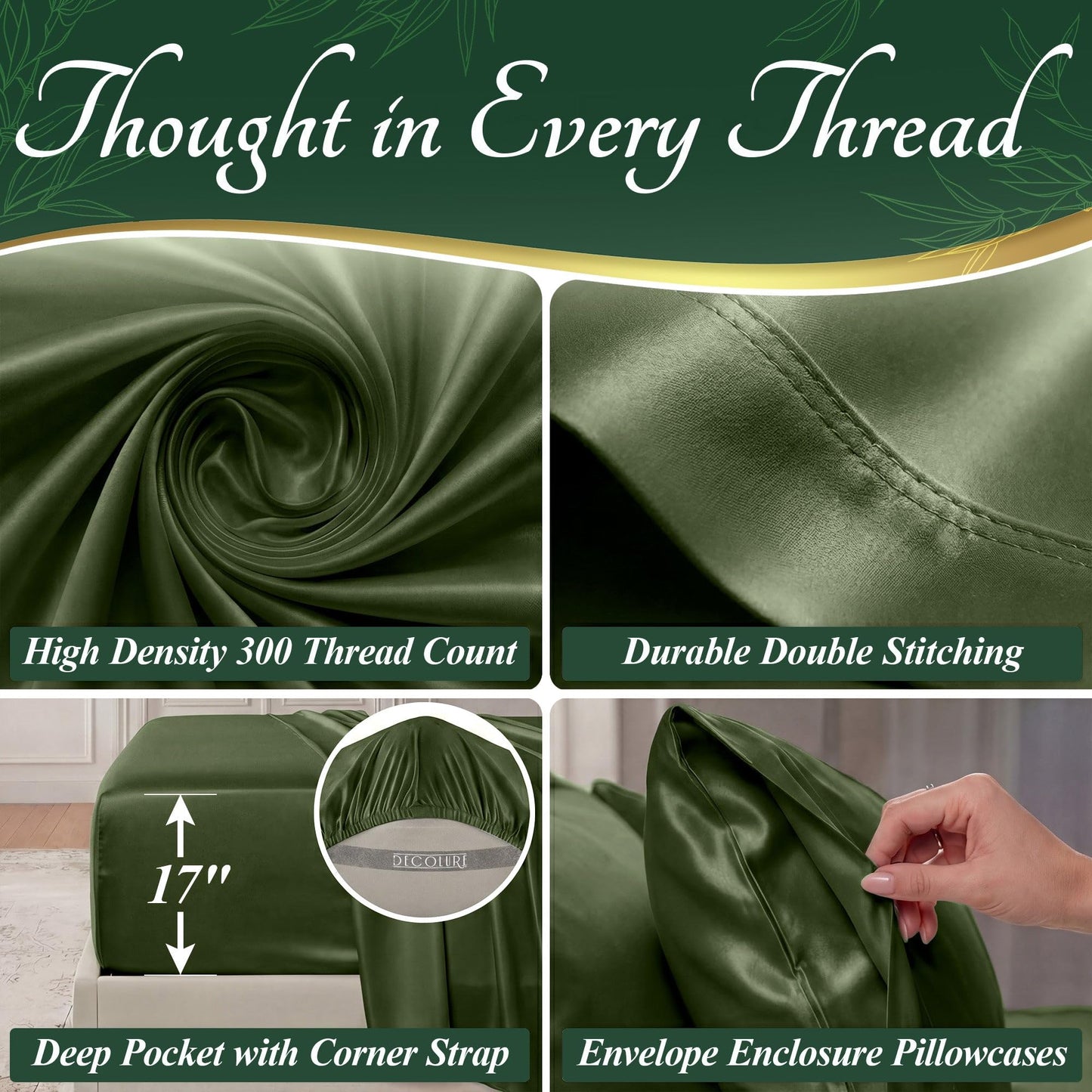 DECOLURE 100% Organic Viscose Derived from Bamboo Sheets Full Size 6pcs - Ultra Soft & Luxuriously Cooling, 17" Deep Pocket, Double Stitching, Perfect for Hot Sleepers - Full Bed Sheets (Olive)