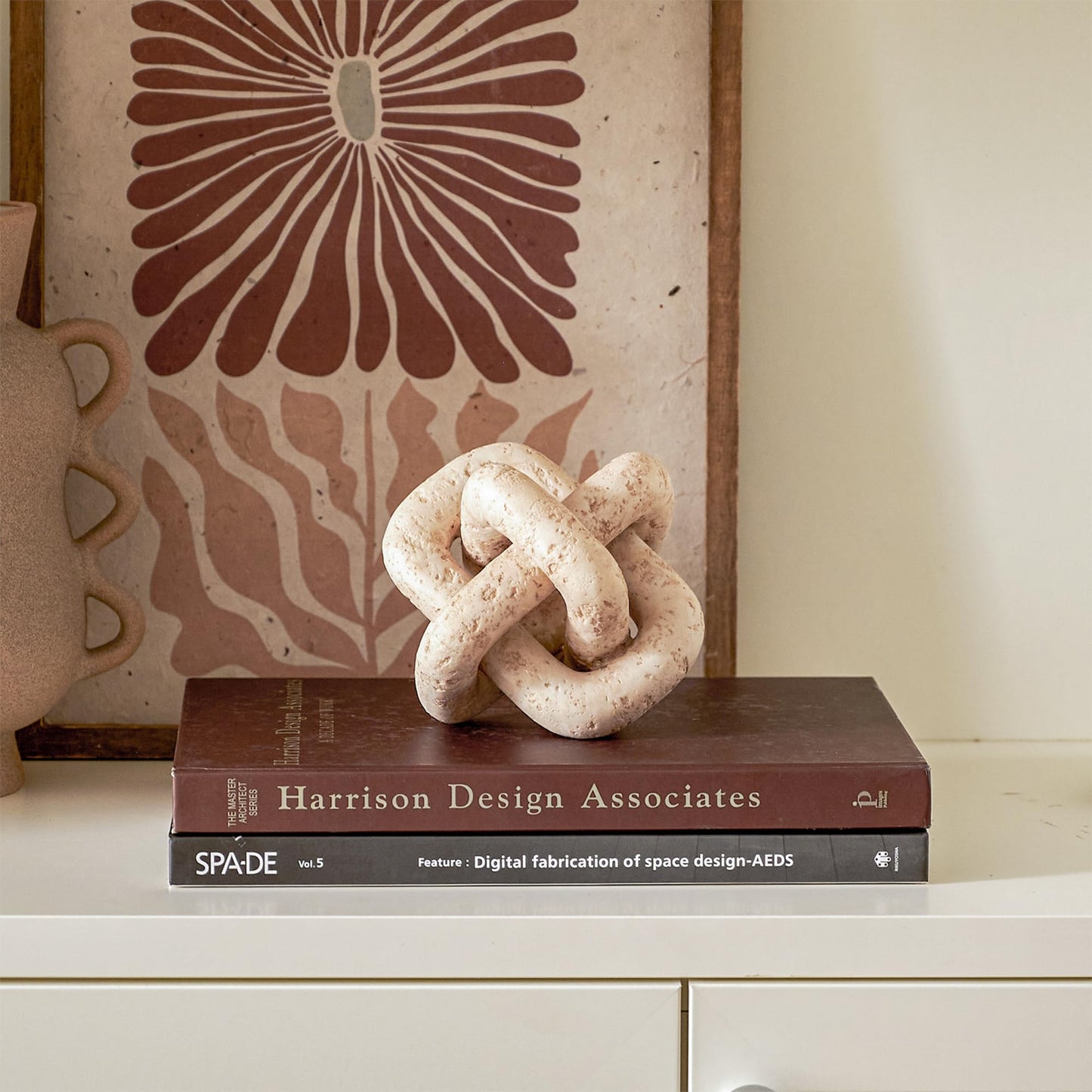 DN DECONATION 3 Link Knot Decor, Beige Travertine Coffee Table Decoration, Boho Chain Link Decor, Modern Shelf Entryway Objects for Home Living Room Farmhouse Bedroom Inspired Aesthetic Art