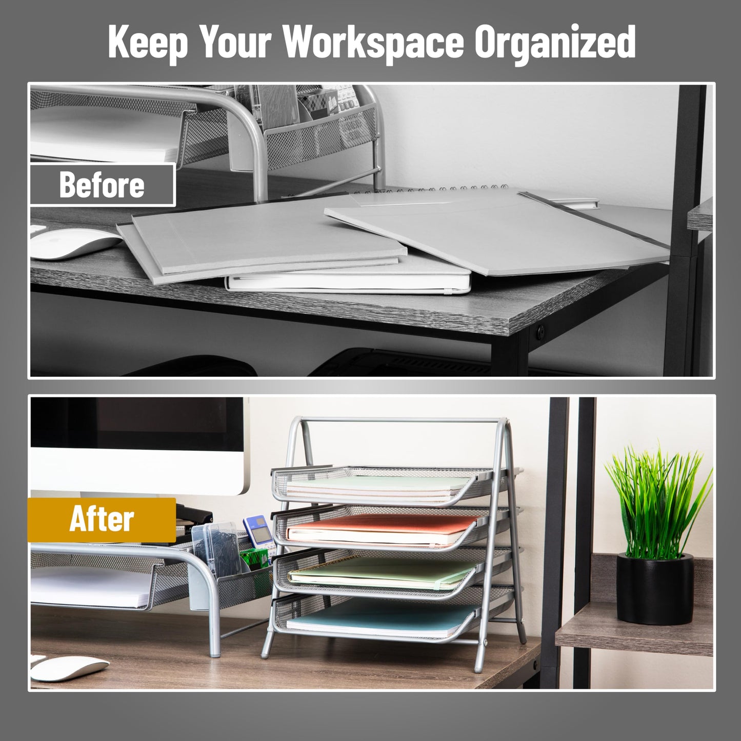 Mind Reader 4-Tier Paper Tray Organizer, Desktop File Sorter with Handle, Document Storage, Slide-Out Trays, Metal Mesh, Silver