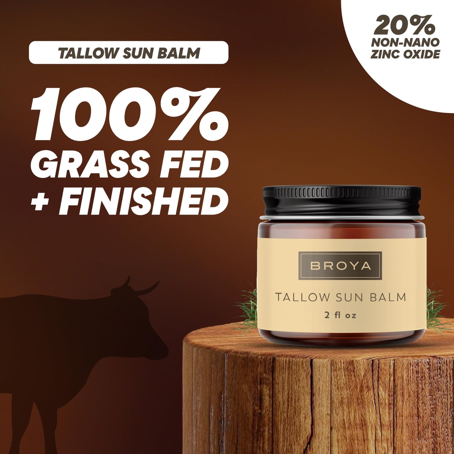 Broya Tallow Sun Balm – Mineral Face & Body Balm with 20% Non-Nano Zinc Oxide – 100% Grass-Fed Beef Tallow Moisturizer – Skin Support with Vitamins A, D, E, K – Fragrance-Free – 2 fl oz