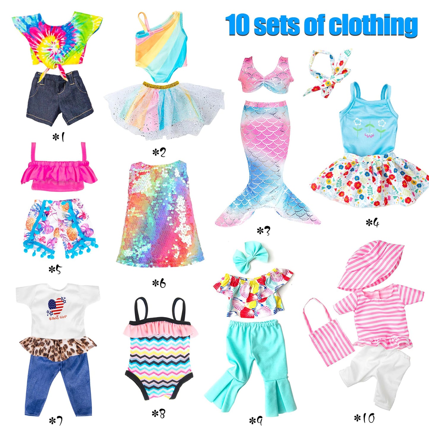 10 Sets 18 inch Doll Clothes and Accessories inlcude Mermaid Shinning Dress Outfits Bikini Hat Handbag (No Doll)