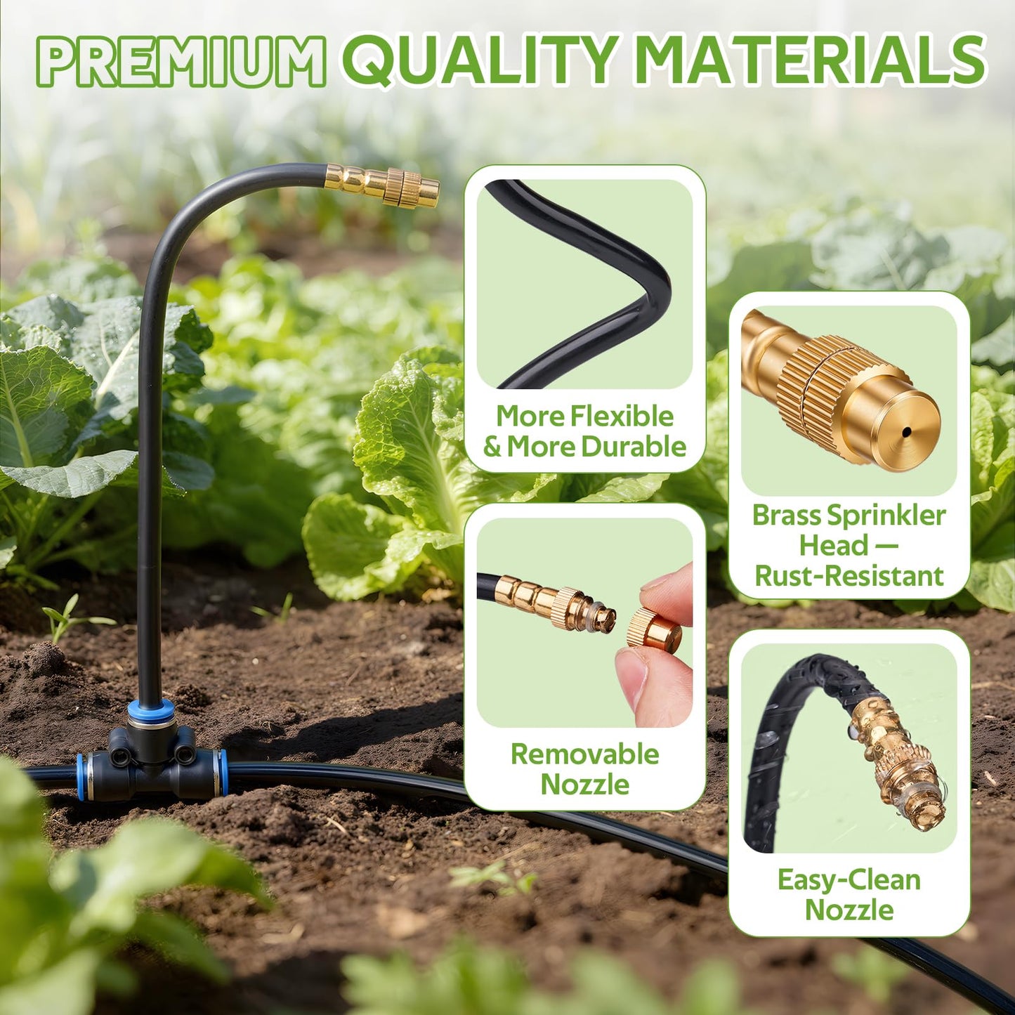 HIRALIY 360° Adjustable Drip Irrigation System 100FT, 1/4" Tubing with 16 Adjustable Copper Nozzles, Automatic Atomizing Watering Kit for Garden, Yard, Lawn, Greenhouse & Potted Plants
