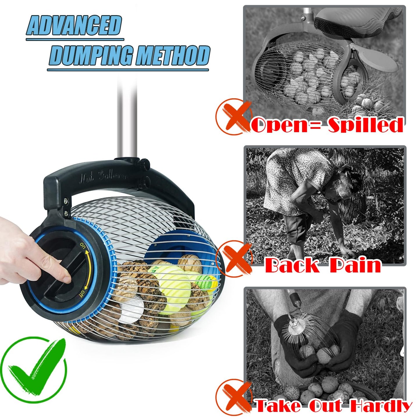 zozen Nut Gatherer,Walnut Picker Upper,Side Opening Dump,Pecan Picker Upper,Apply to Hickory Nuts,Spiked Balls,Chestnuts,Nerf Darts,Golf,Objects 1'' to 2-1/2''; 55inch,1.5 Gallon (Large) Blue