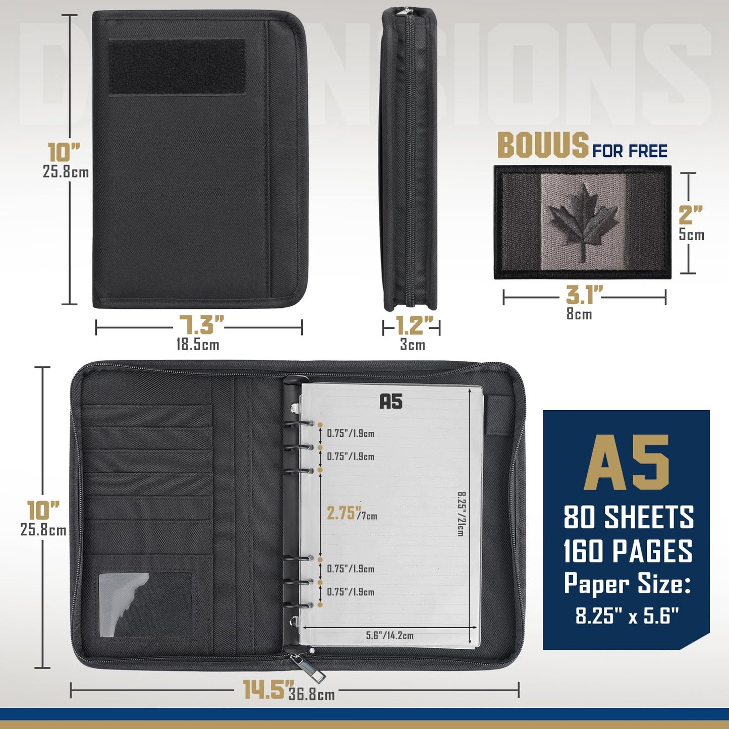 WYNEX Tactical Notebook Padfolio Ring Binders with 80 Sheets,Army Military Notebook Tactical Portfolio Binder with Zipper for Tactical Gear and Organizer, Refillable A5 6 Ring Binder