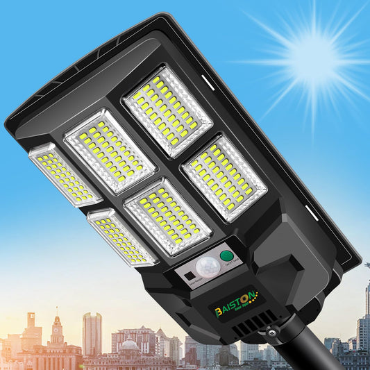 Baiston Solar Street Lights Outdoor: Dusk to Dawn Solar Parking Lot Lights with 3 Modes Motion Sensor Remote Control, 6000K 180 LEDs Commercial Backyard, Garage
